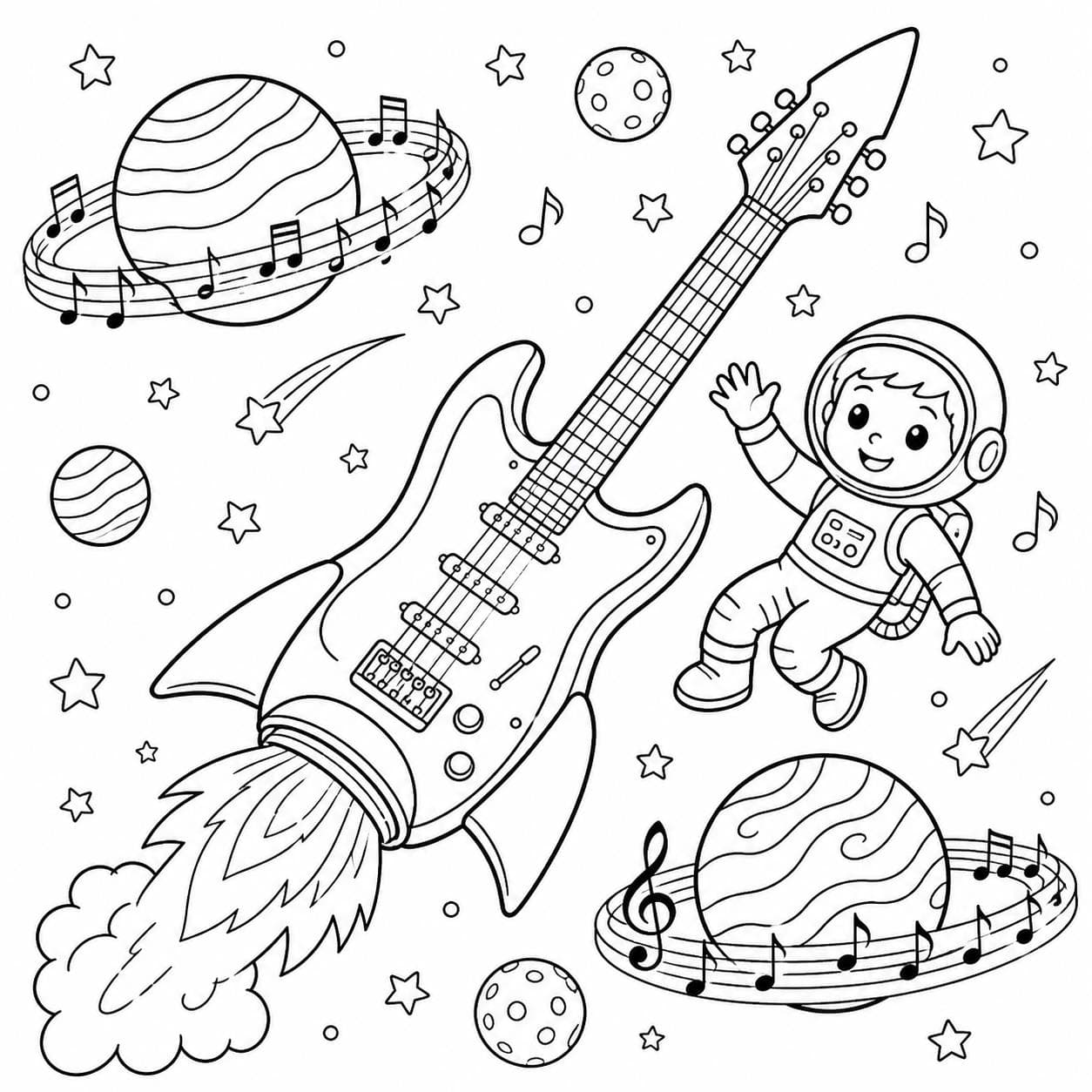 Gitarrenrakete im Weltall Ausmalbild