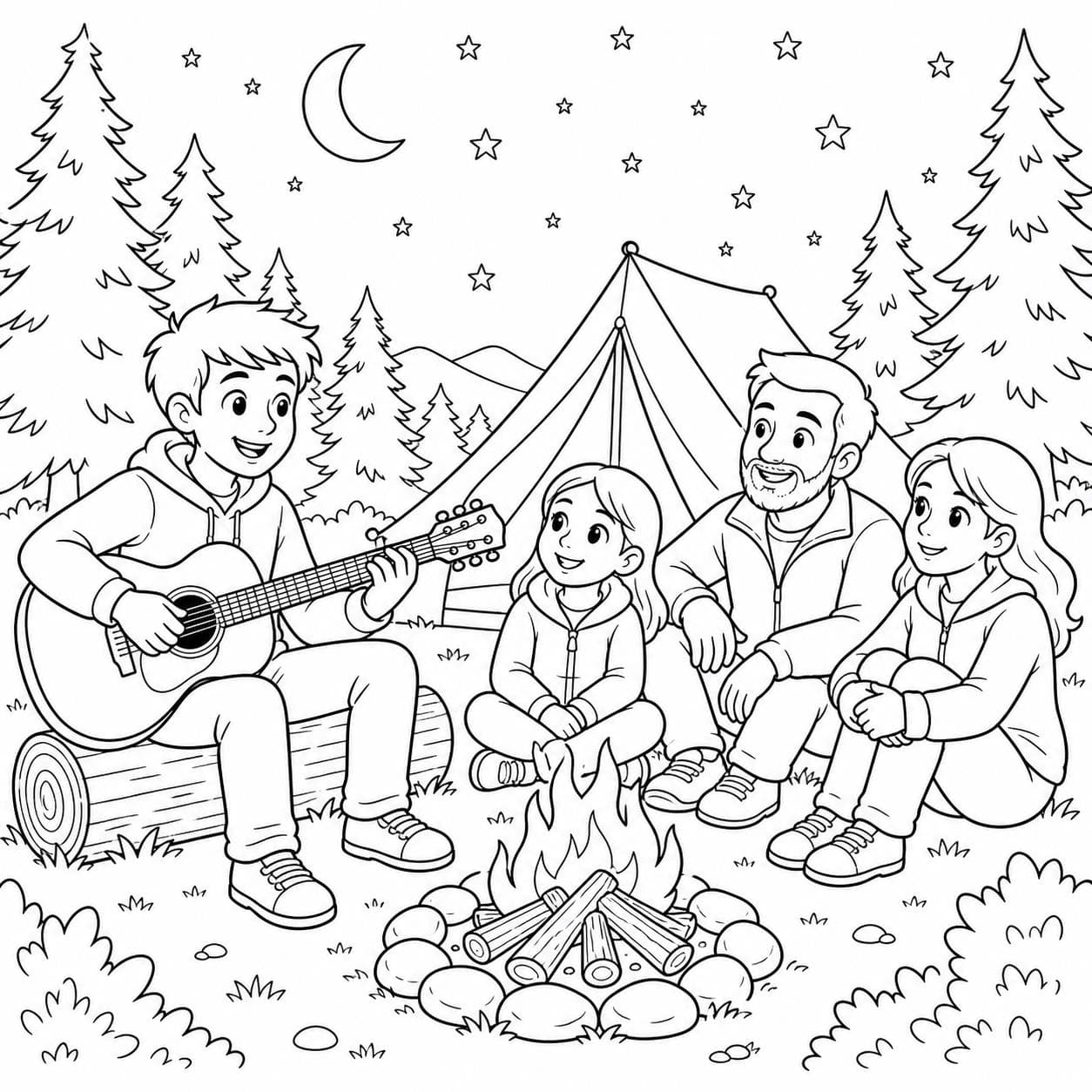 Gitarrist am Lagerfeuer Ausmalbild