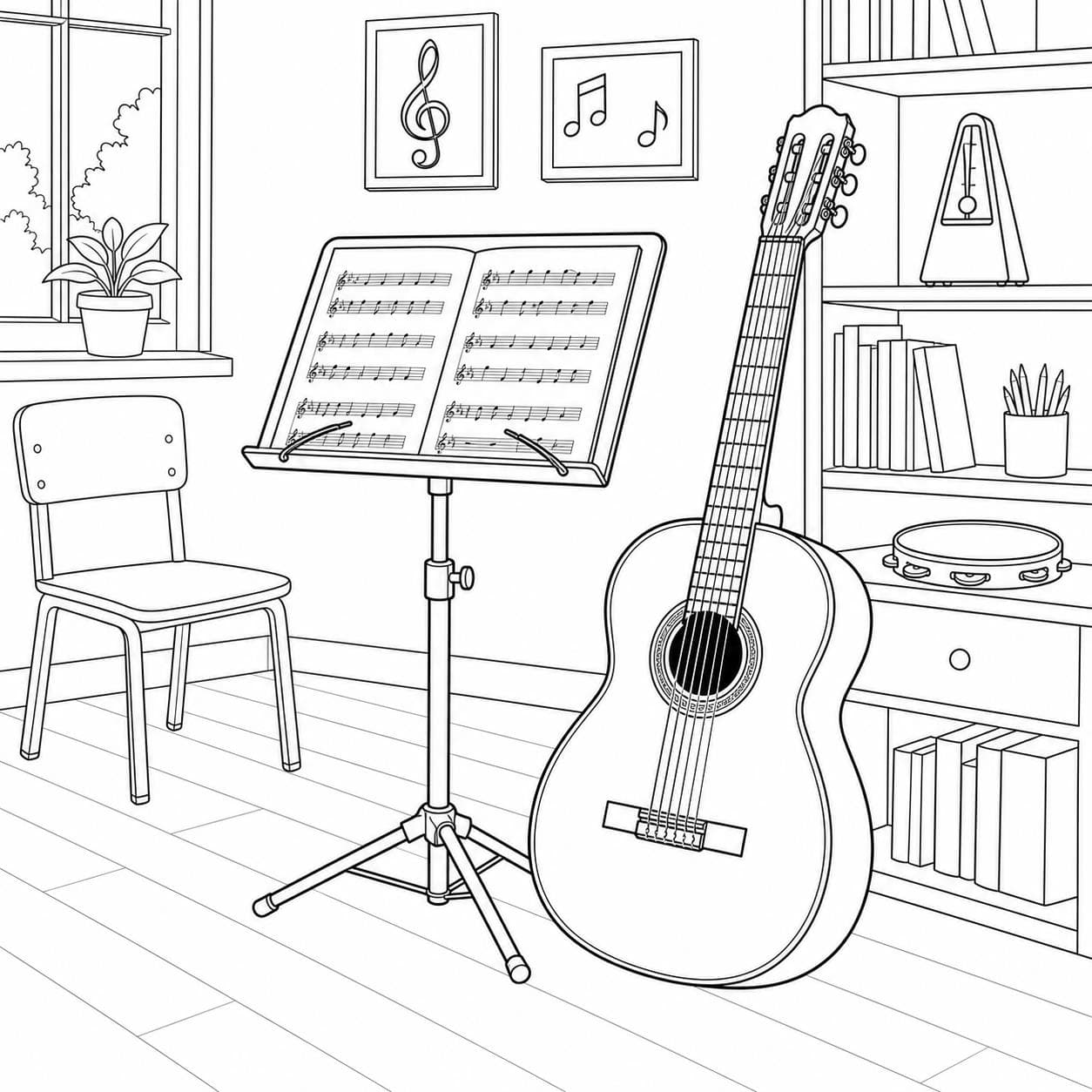 Klassische Gitarre im Musikzimmer Ausmalbild