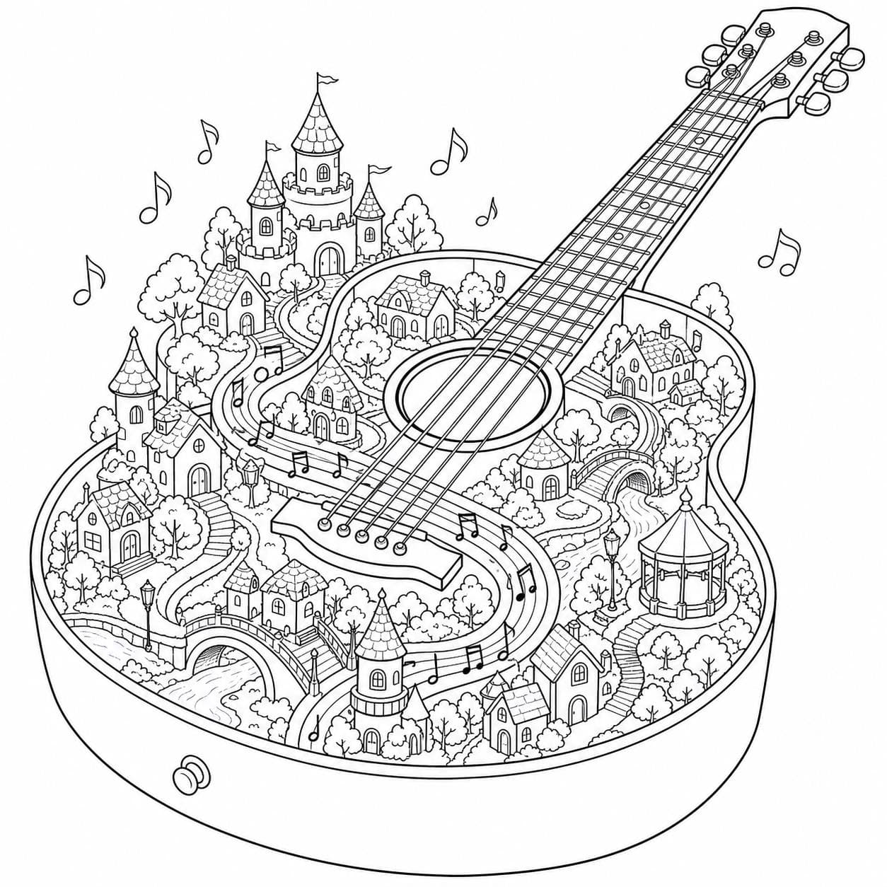 Stadt in einer riesigen Gitarre Ausmalbild