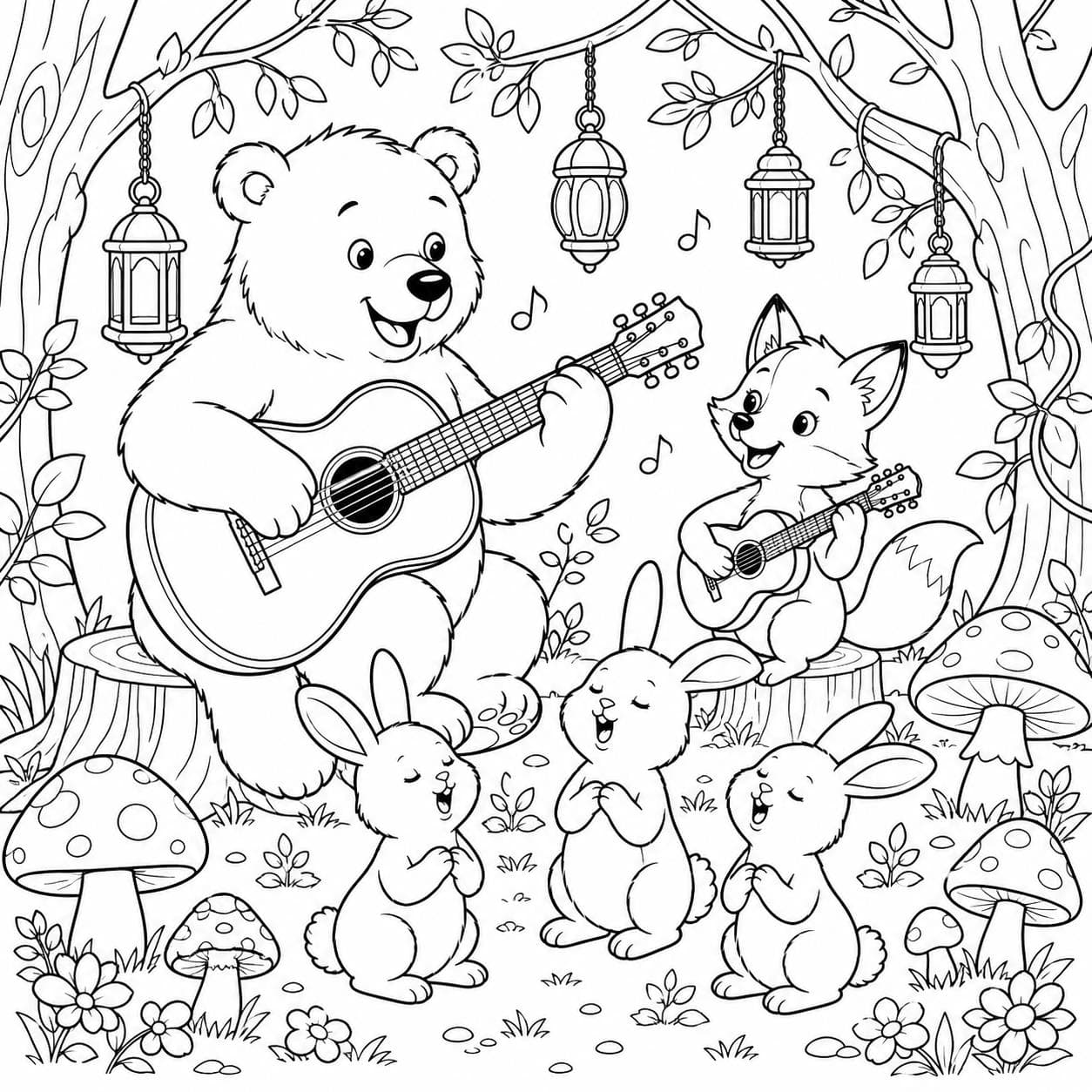 Waldtiere spielen Gitarre Ausmalbild