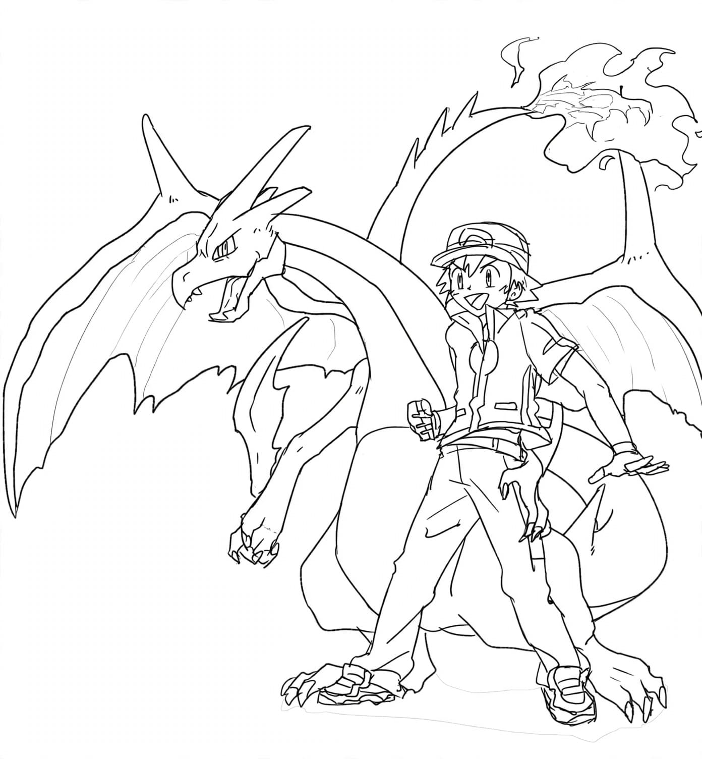 Ash und Mega-Glurak – kostenlose Pokémon-Malvorlage zum Ausdrucken
