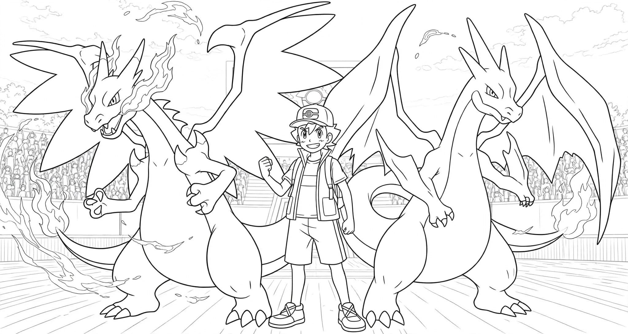 Ash und mehrere Mega-Glurak – kostenlose Pokémon-Malvorlage zum Ausdrucken