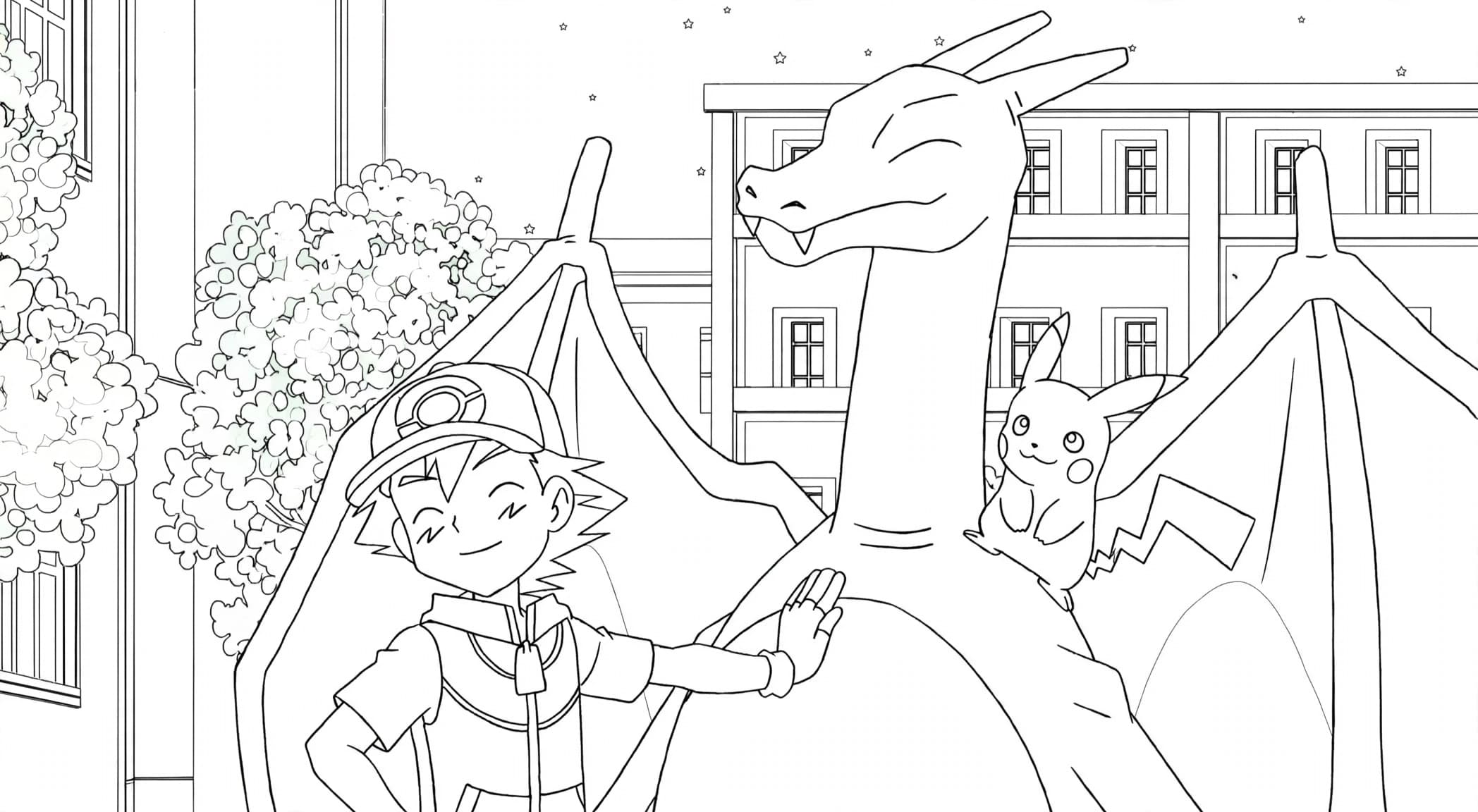 Glurak, Ash und Pikachu – kostenlose Pokémon-Malvorlage zum Ausdrucken