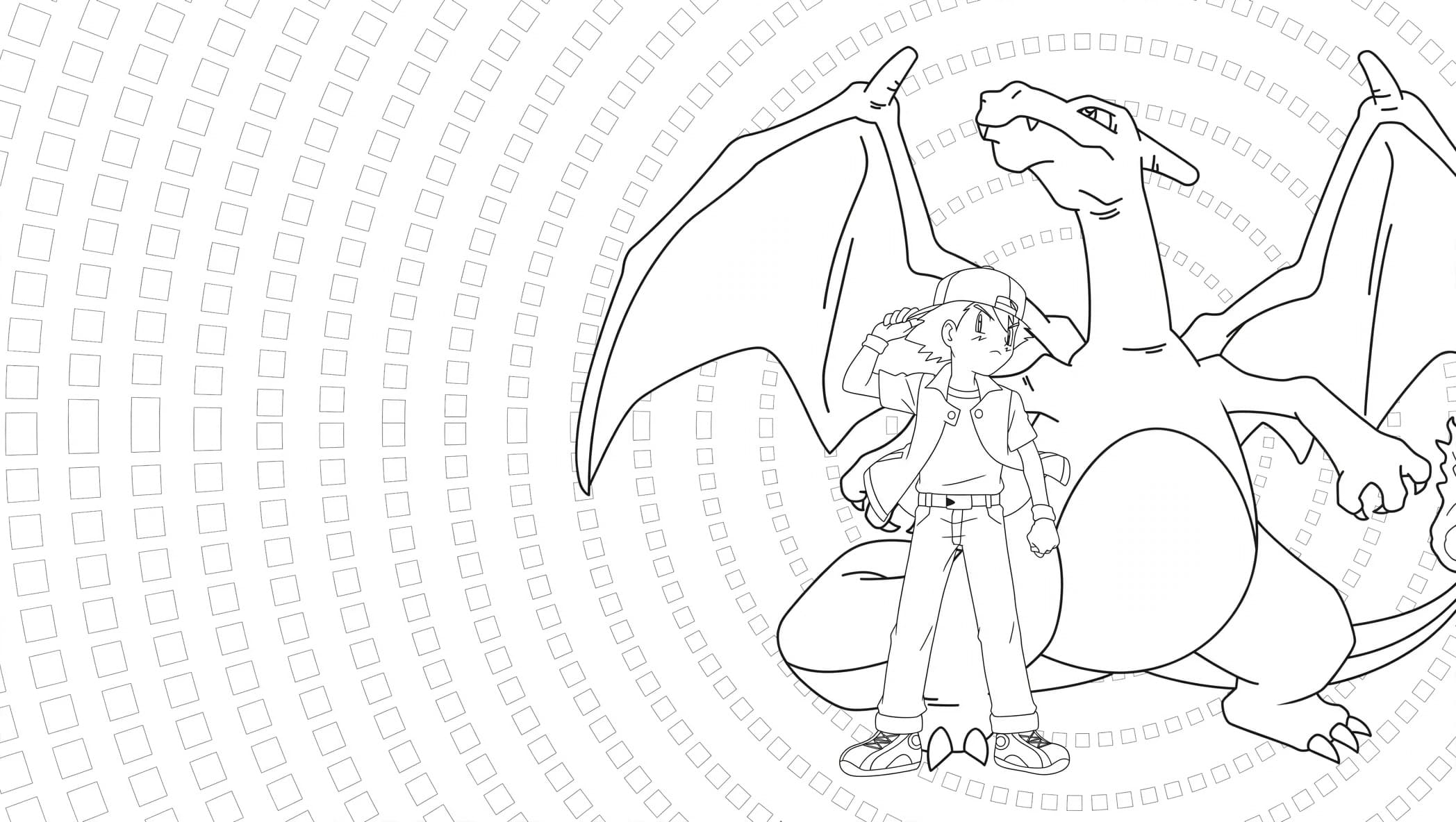 Glurak mit Ash in Aktion – kostenlose Pokémon-Malvorlage zum Ausdrucken