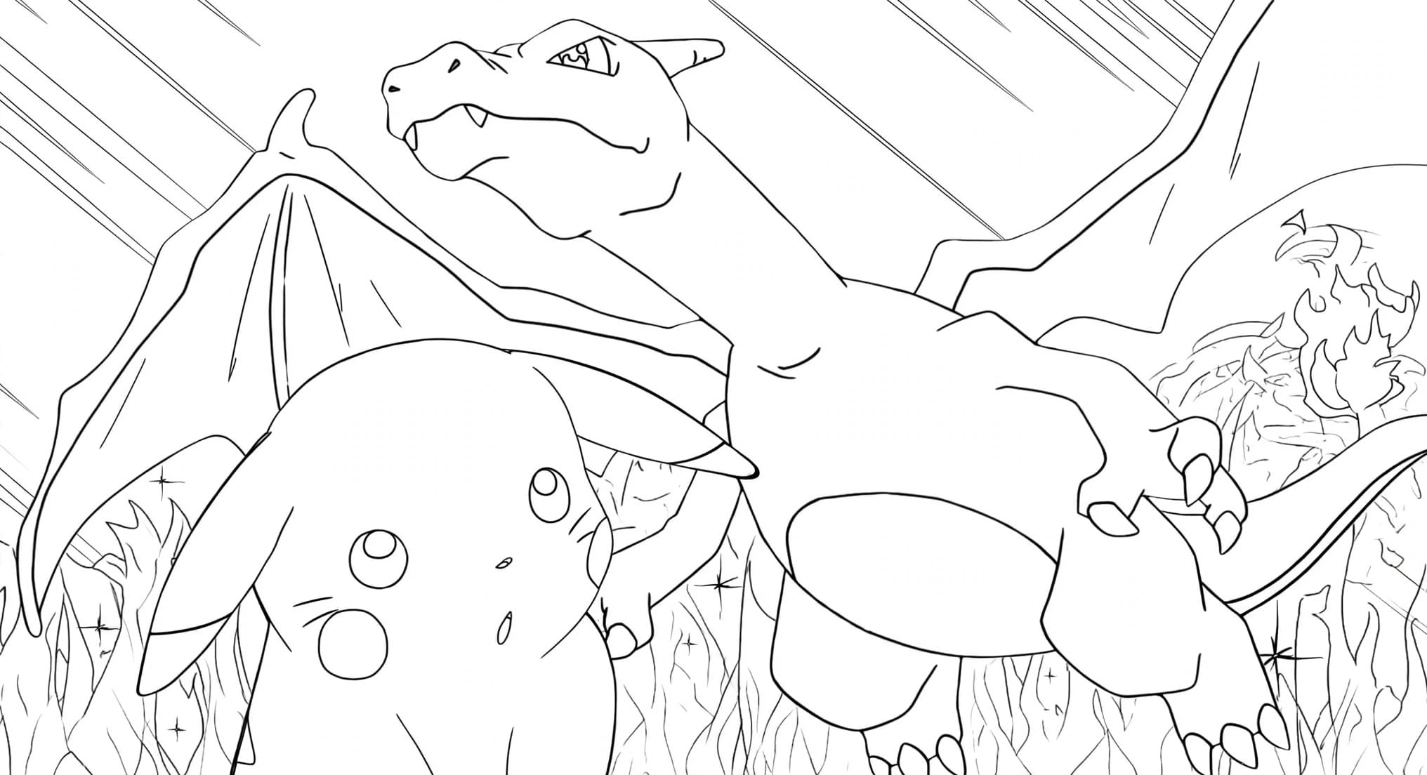 Glurak und Pikachu – kostenlose Pokémon-Malvorlage zum Ausdrucken