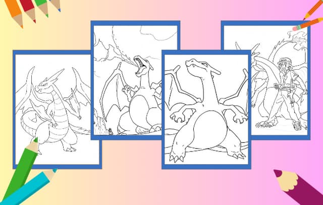 Glurak Ausmalbilder mit Ash, Pikachu und Mega-Glurak