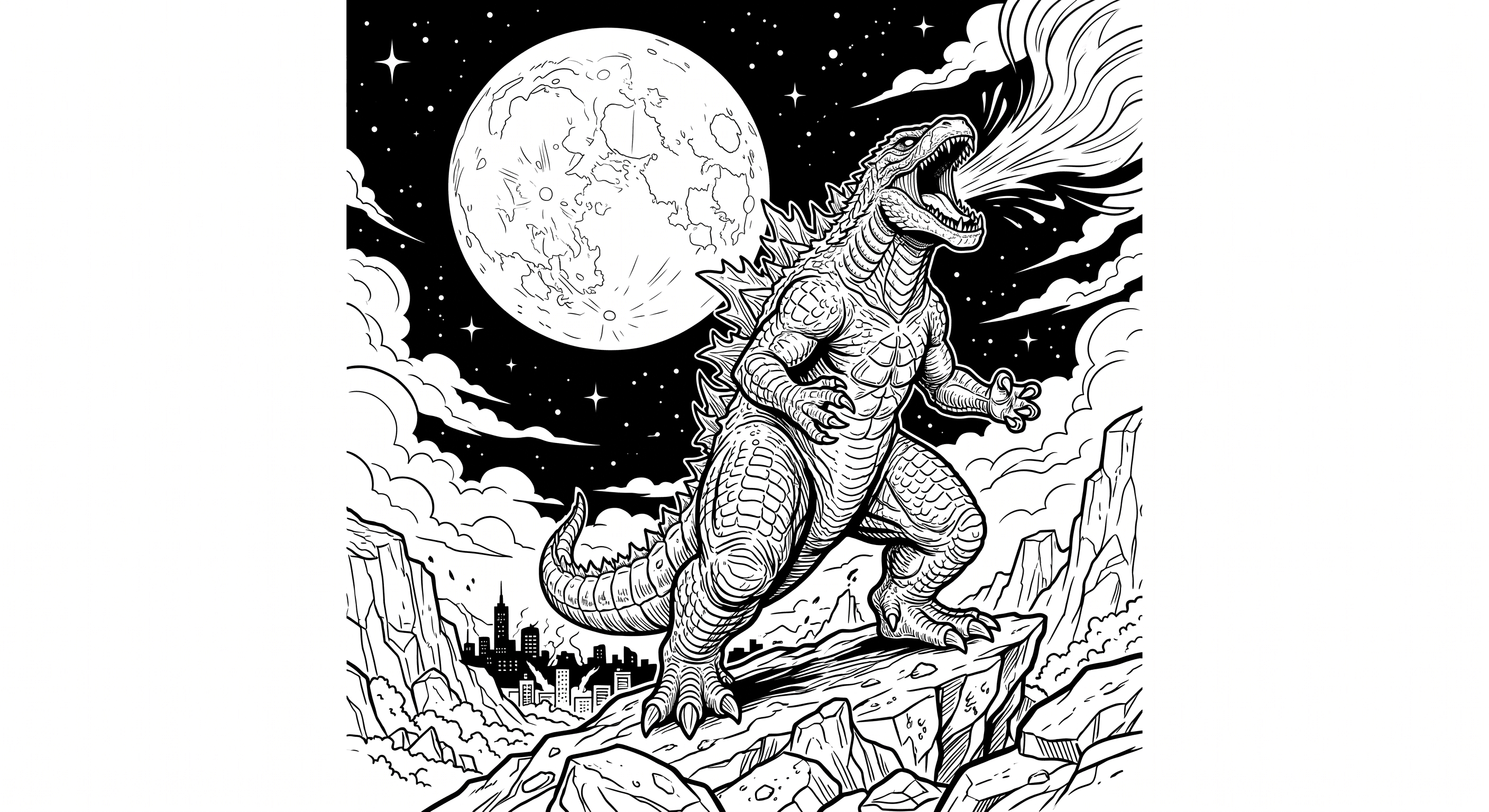 Godzilla bei Vollmond Ausmalbild