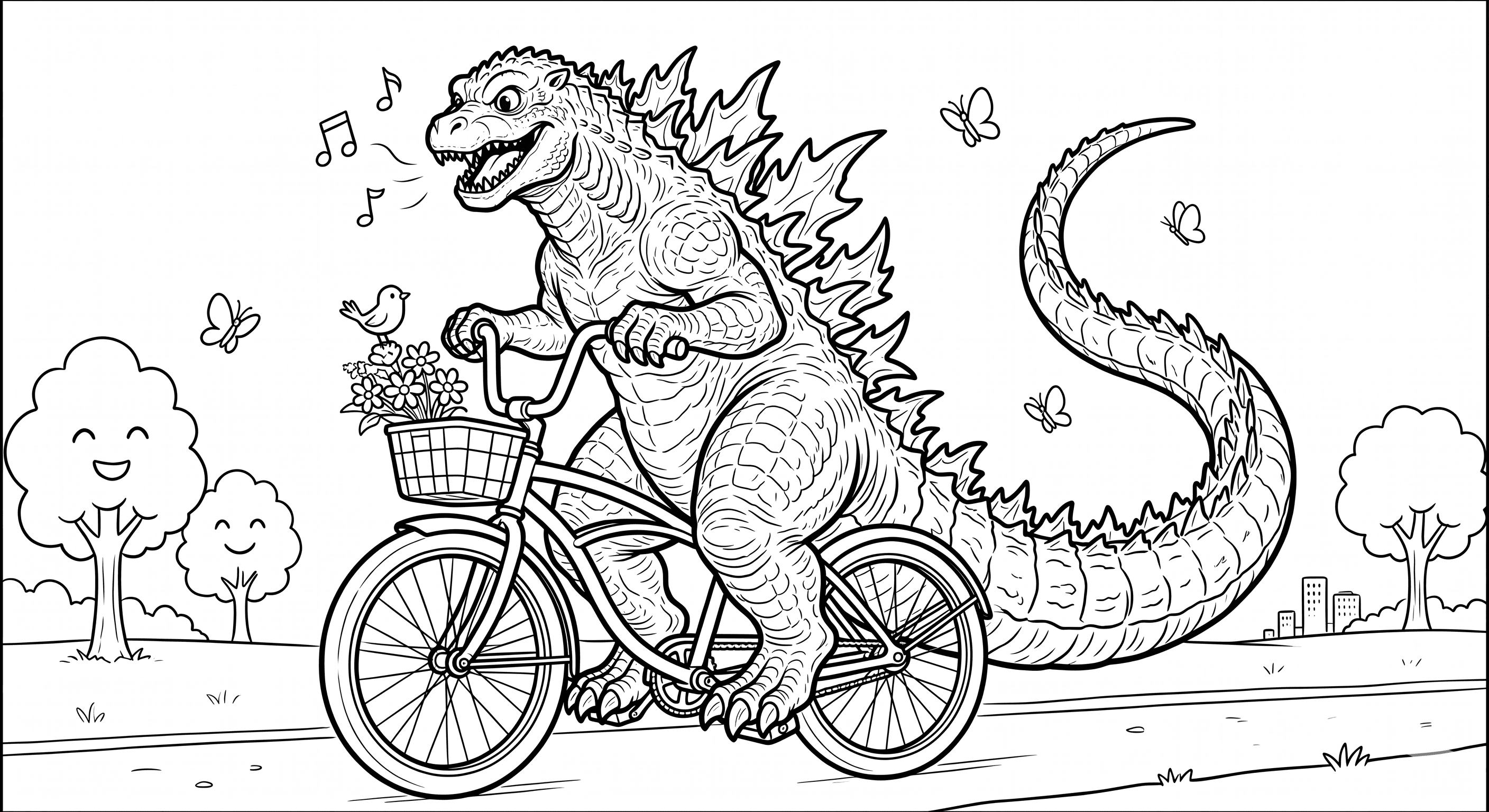 Godzilla fährt Fahrrad Ausmalbild