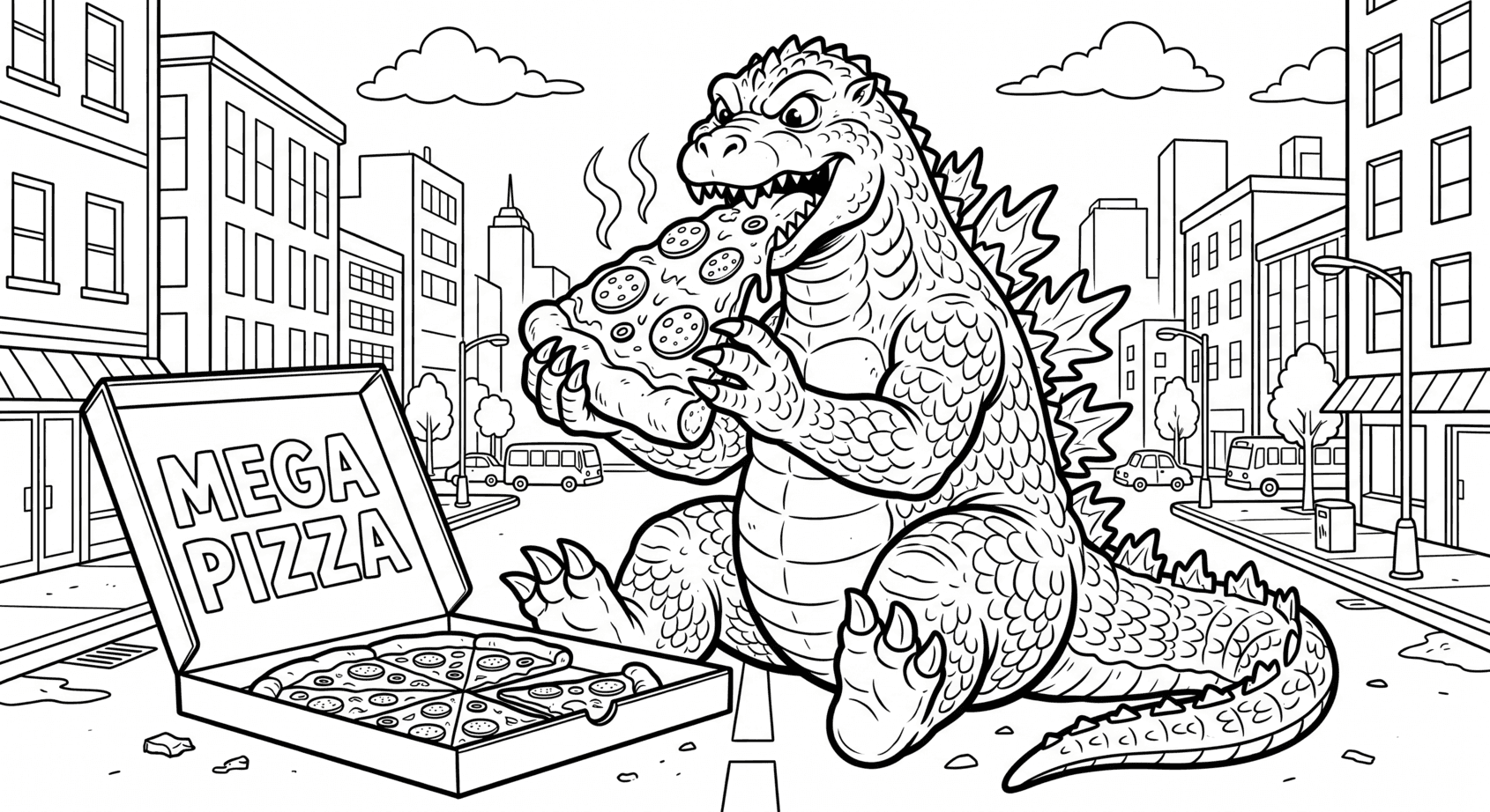 Godzilla isst Pizza Ausmalbild