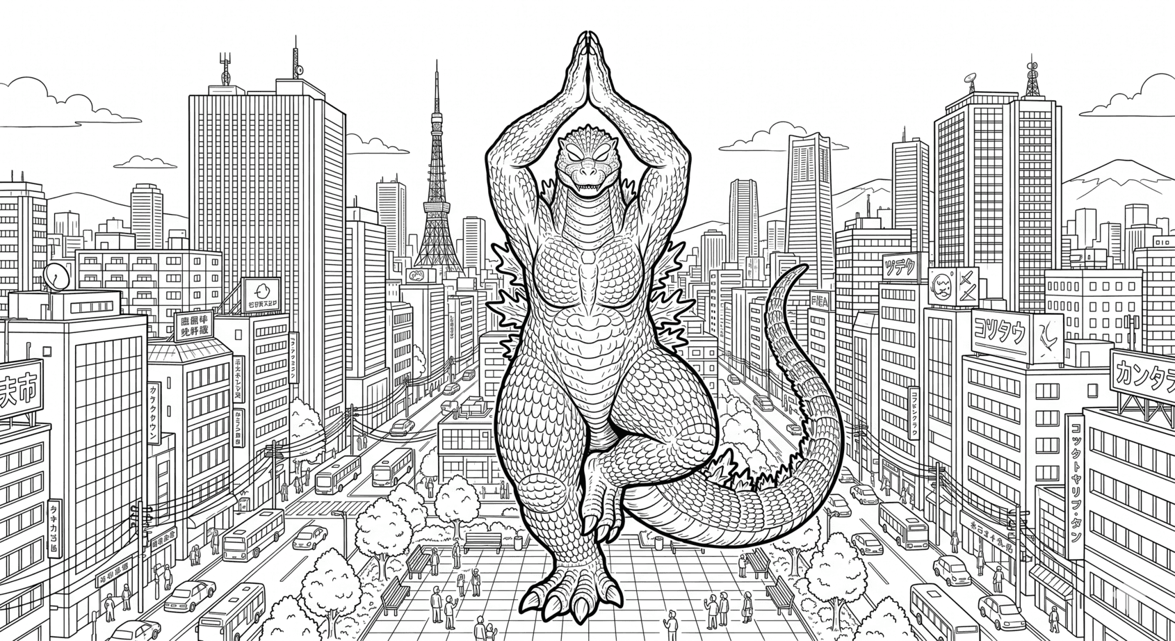Godzilla macht Yoga Ausmalbild