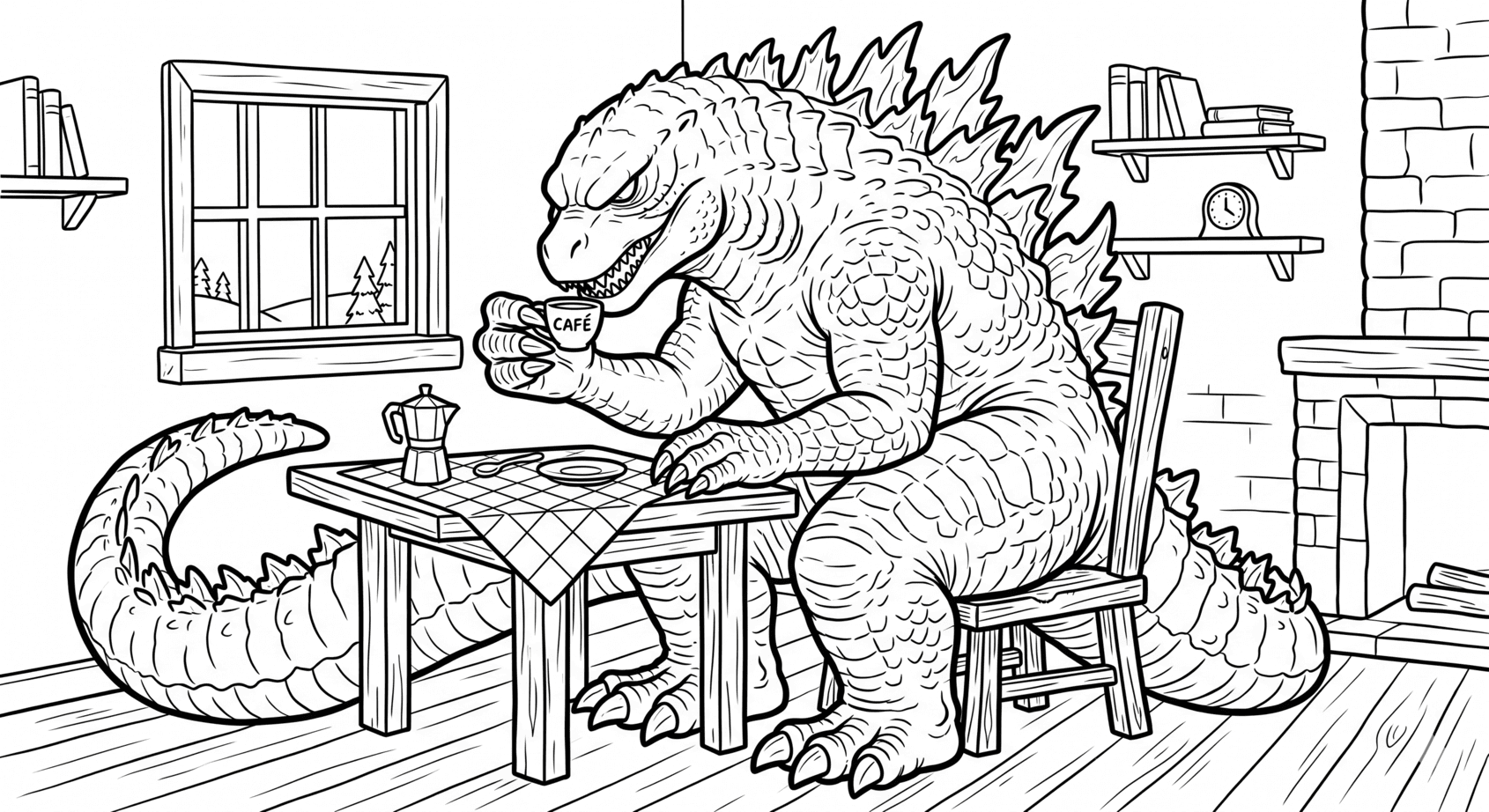 Godzilla trinkt Kaffee Ausmalbild