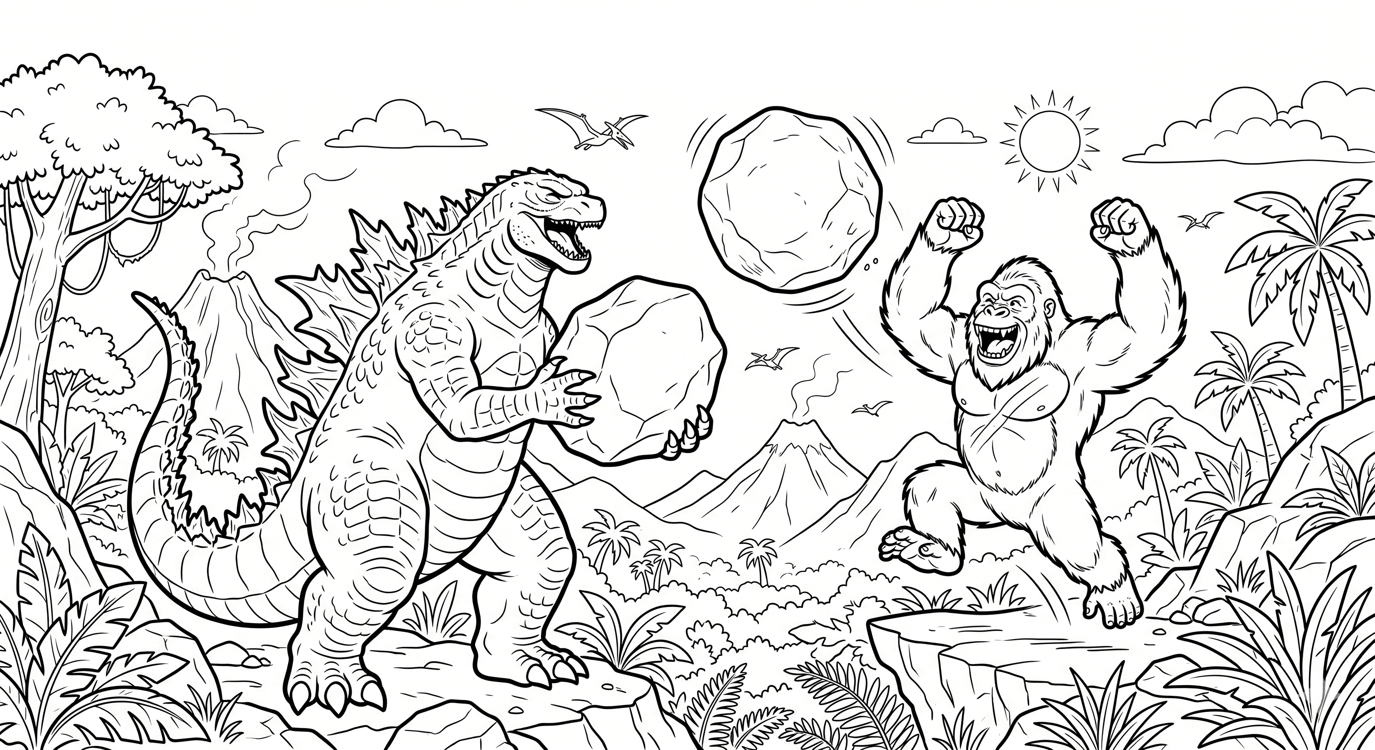 Godzilla und Kong spielen Ausmalbild