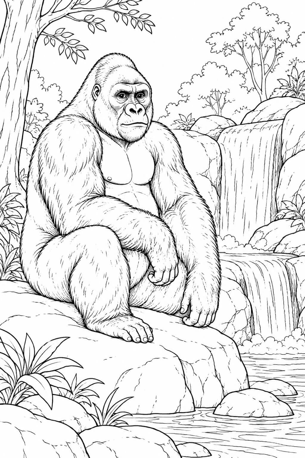 Gorilla am Wasserfall Ausmalbild