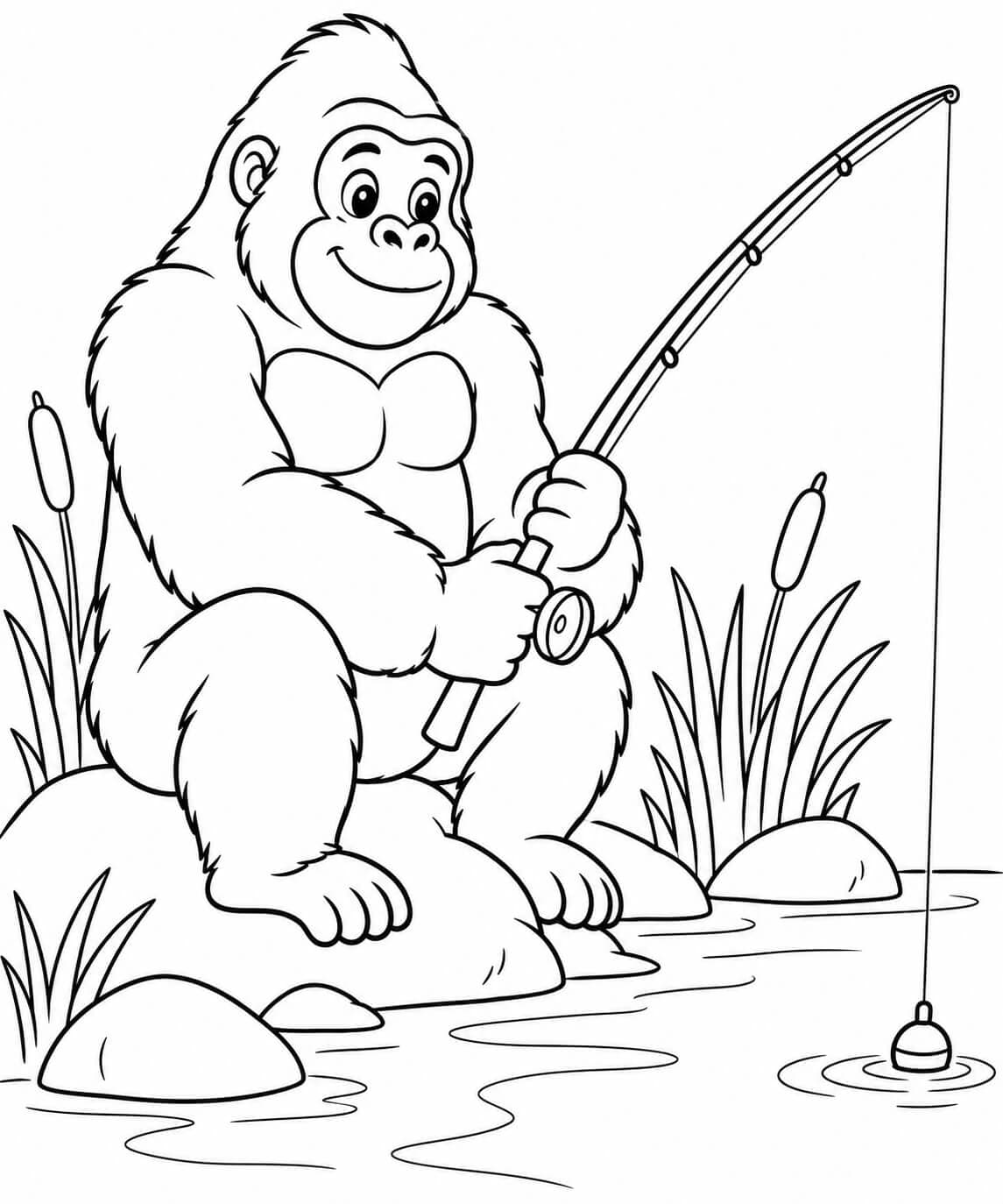 Gorilla beim Angeln Ausmalbild