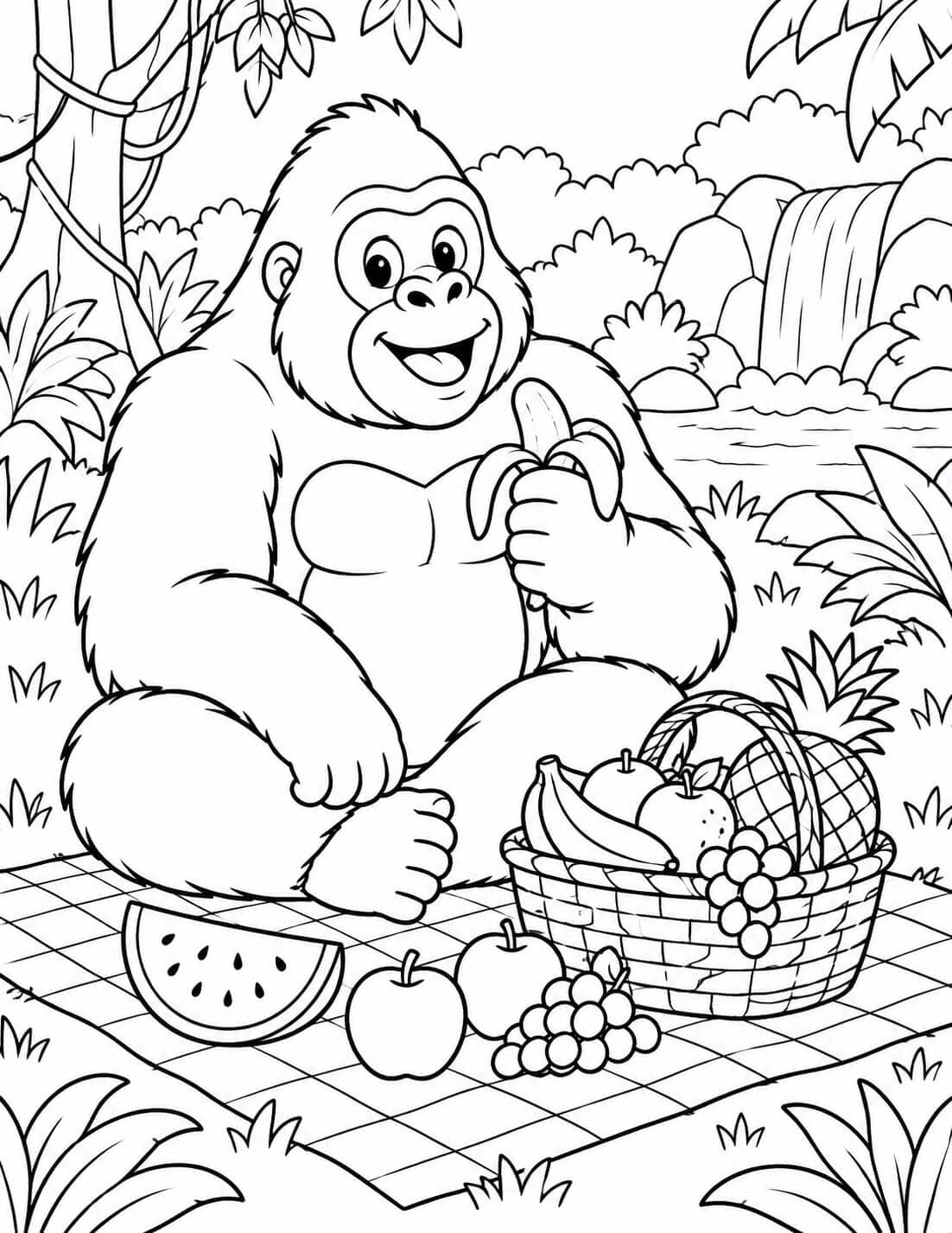 Gorilla beim Picknick Ausmalbild