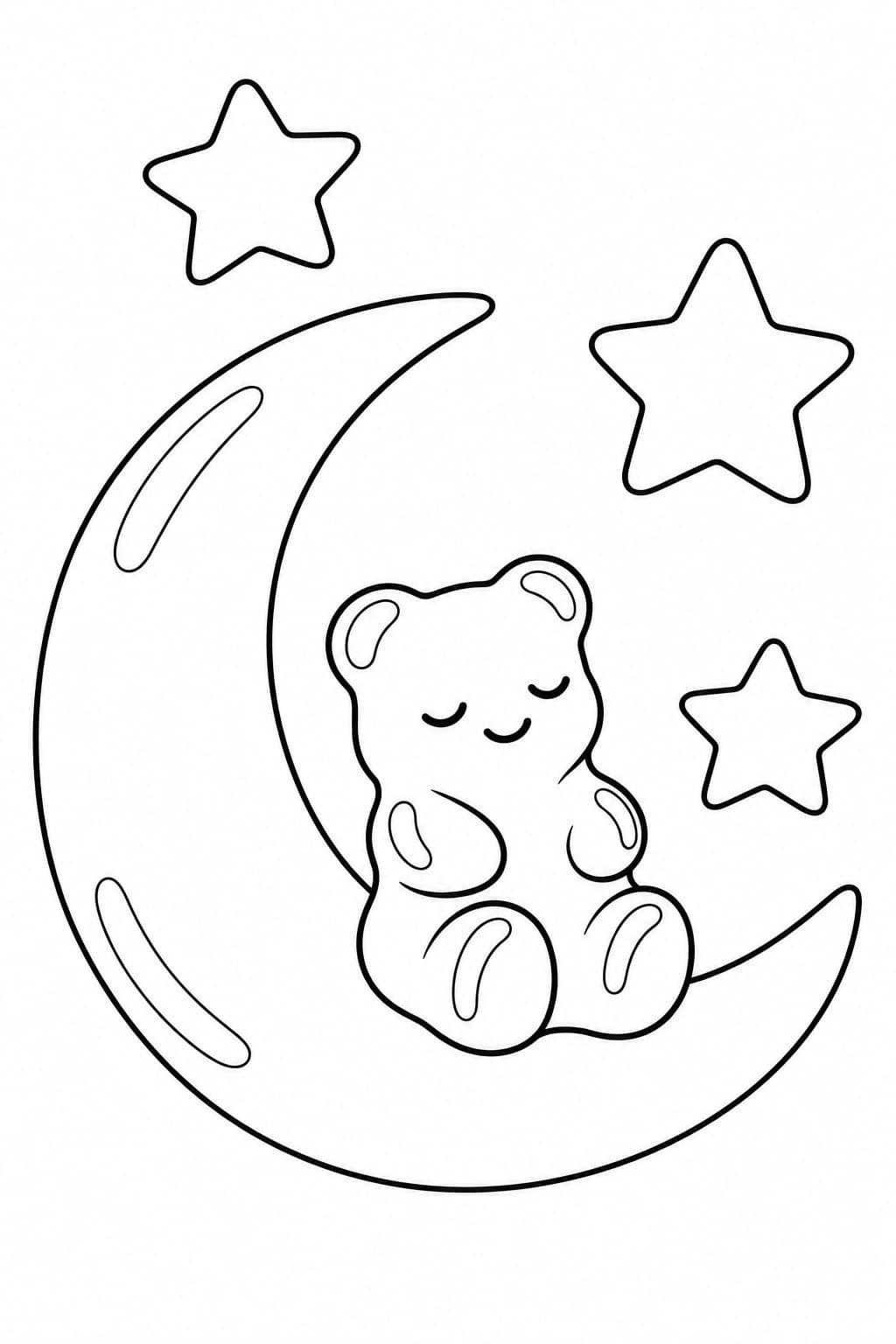Gummibärchen auf dem Mond Ausmalbild – einfache Malvorlage in Schwarz-Weiß
