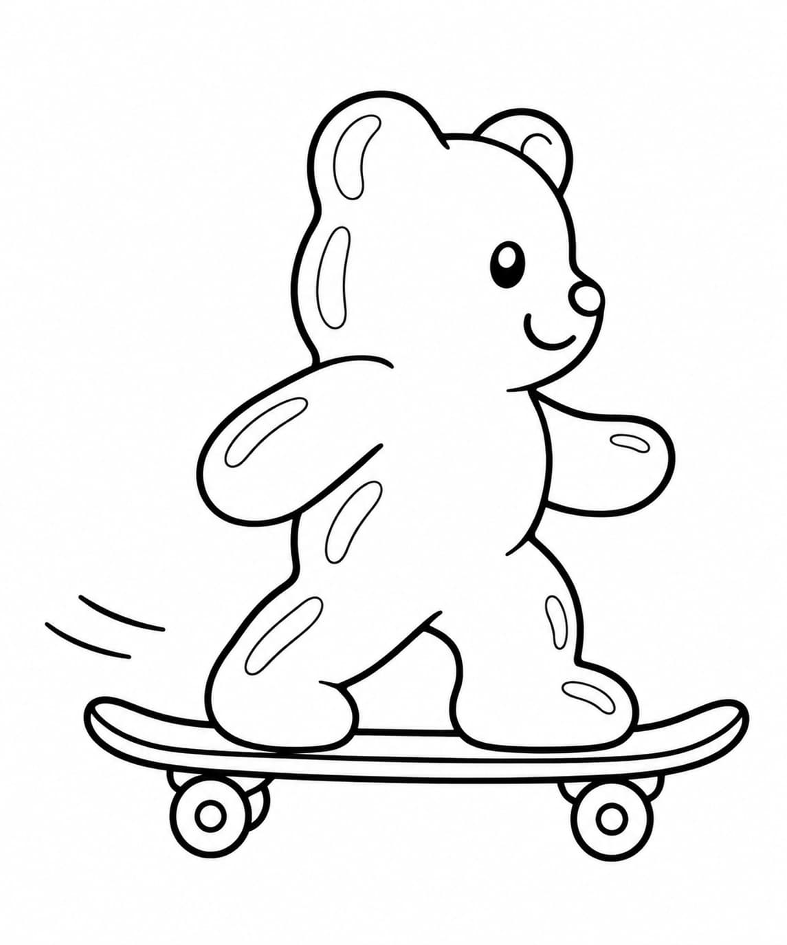 Gummibärchen auf dem Skateboard Ausmalbild – einfache Malvorlage in Schwarz-Weiß