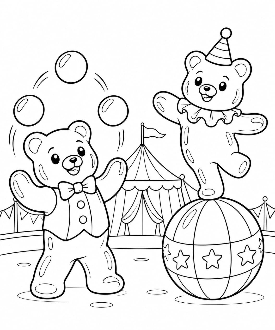 Gummibärchen beim Zirkus Ausmalbild – lustige Malvorlage in Schwarz-Weiß