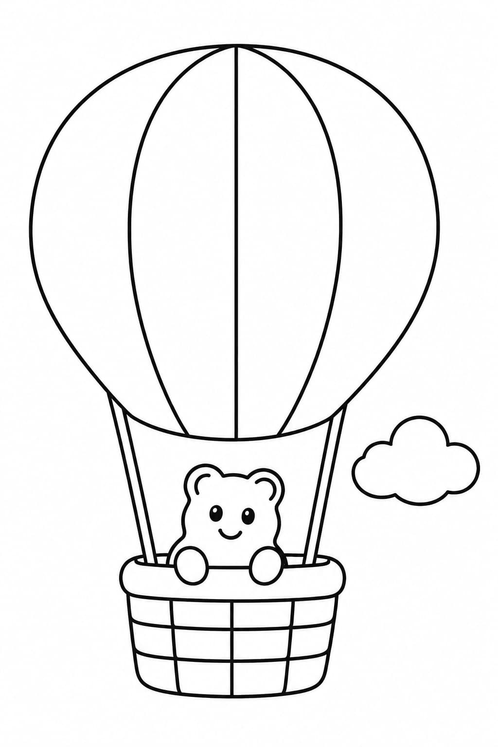 Gummibärchen im Heißluftballon Ausmalbild – einfache Malvorlage in Schwarz-Weiß