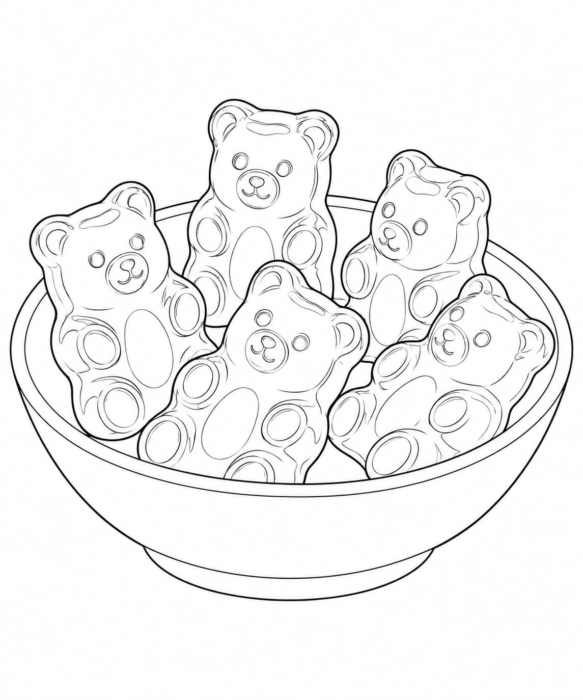 Gummibärchen in einer Schale – realistisches Ausmalbild – realistische Malvorlage in Schwarz-Weiß
