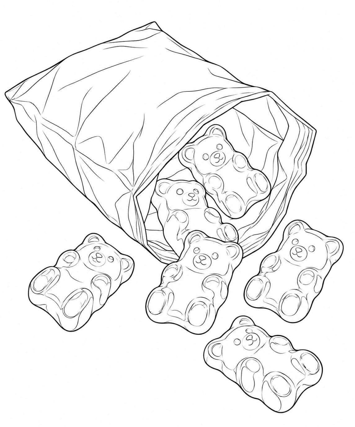 Gummibärchen in einer Tüte – realistisches Ausmalbild – realistische Malvorlage in Schwarz-Weiß