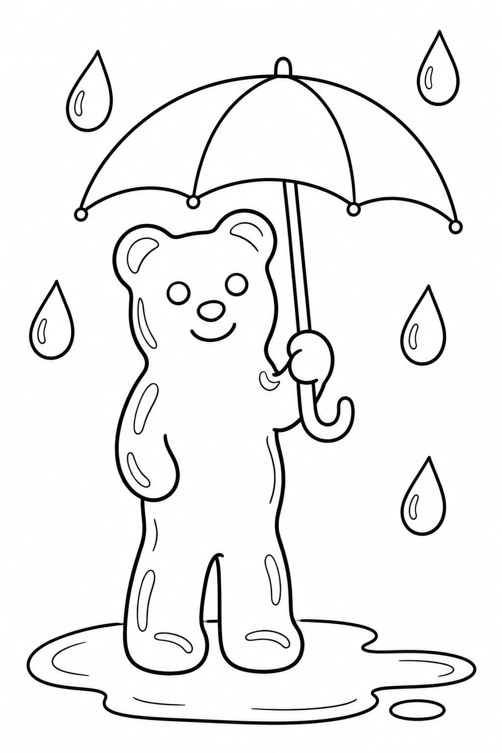 Gummibärchen mit Regenschirm Ausmalbild – einfache Malvorlage in Schwarz-Weiß