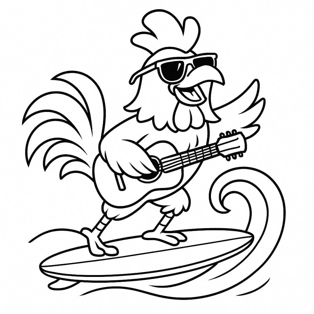 Hahn als Surfer Ausmalbild