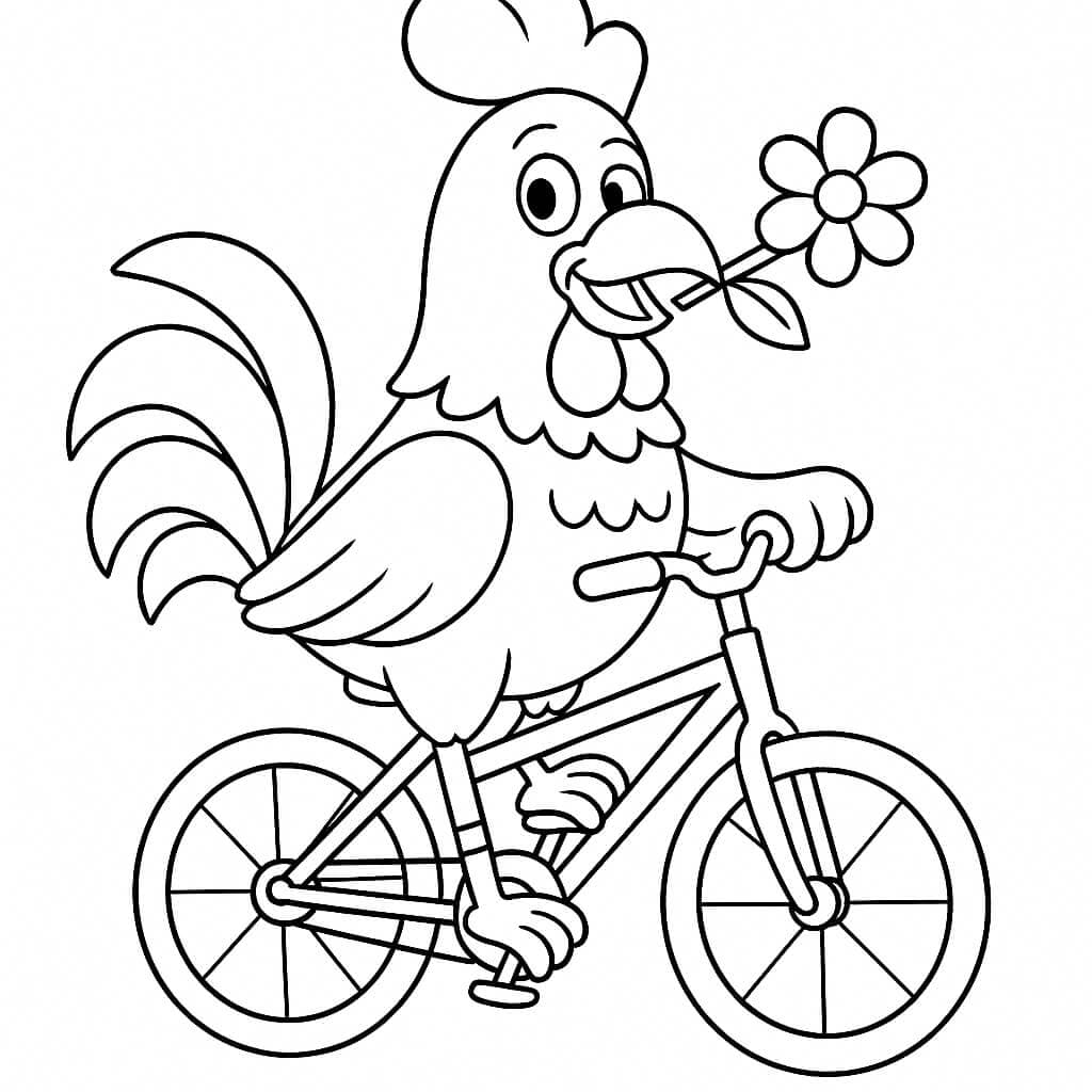 Hahn auf dem Fahrrad Ausmalbild