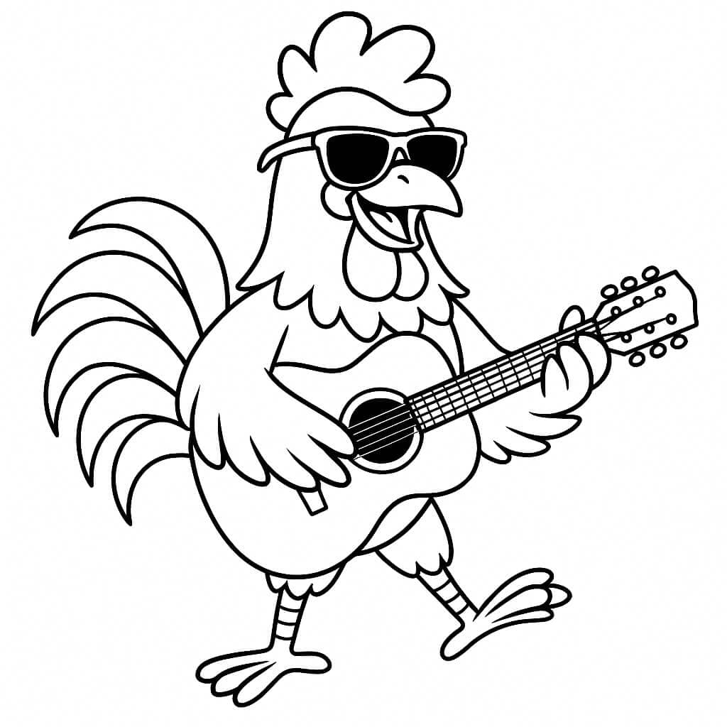 Hahn mit Brille spielt Gitarre Ausmalbild