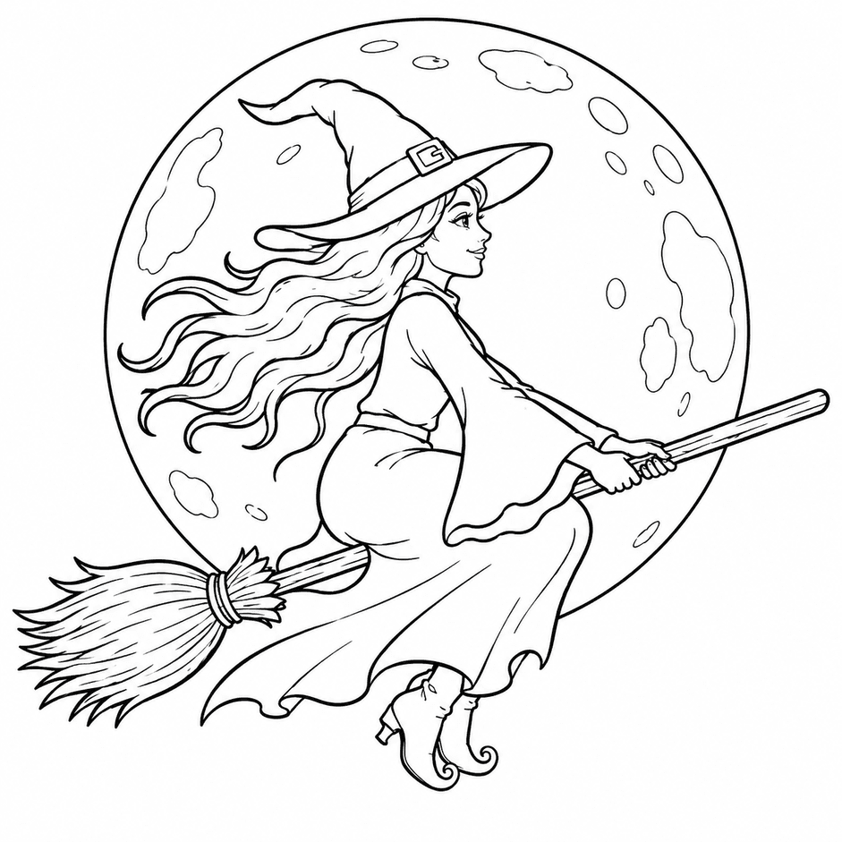 Fliegende Halloween Hexe Ausmalbild