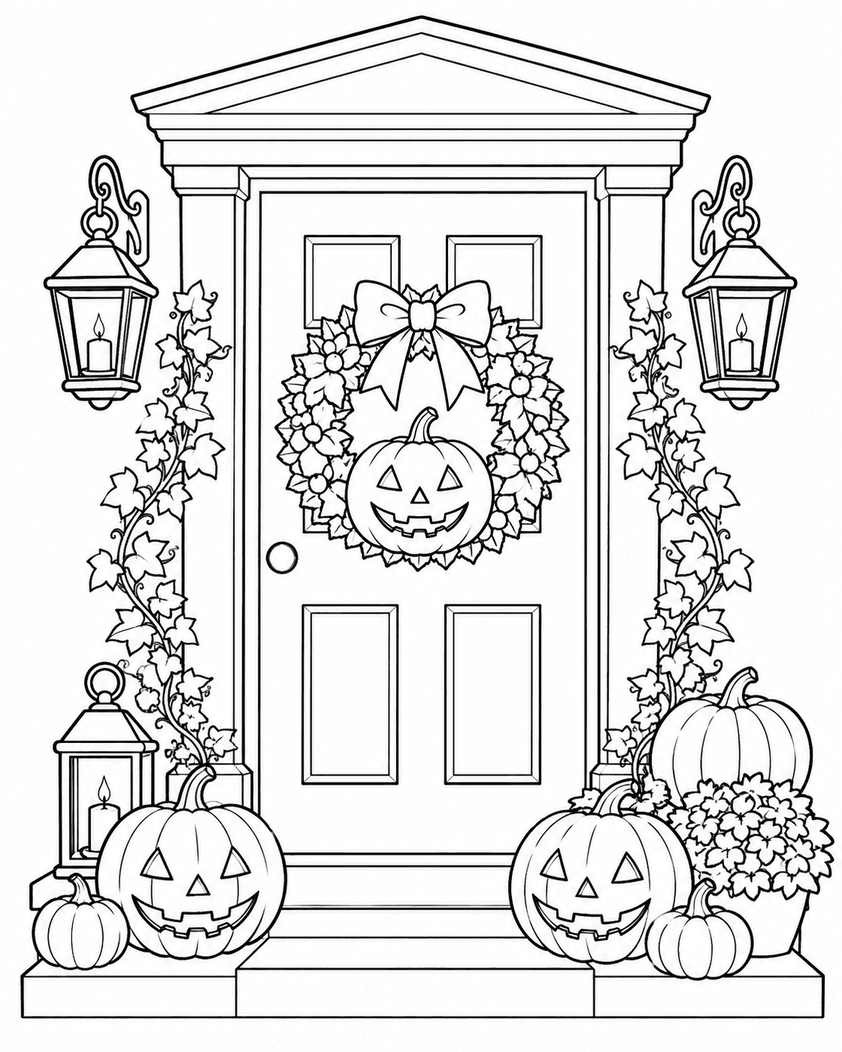 Dekorierte Halloween Haustür Ausmalbild