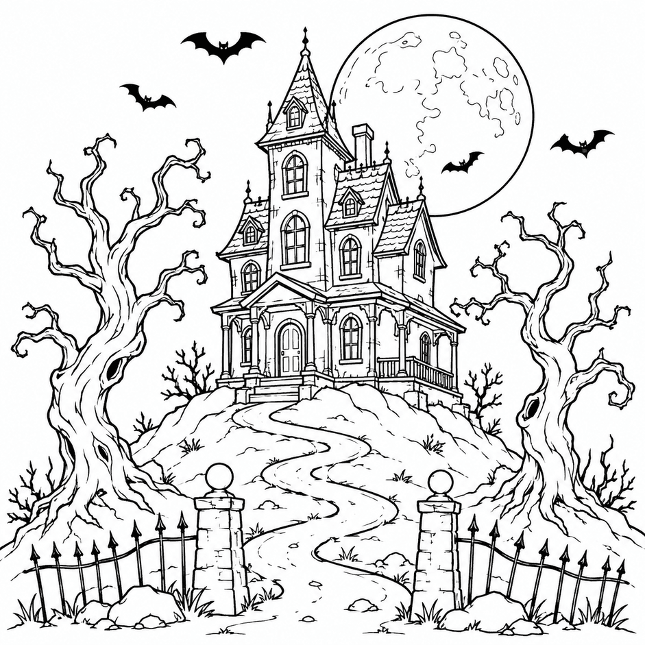 Halloween Spukhaus Ausmalbild