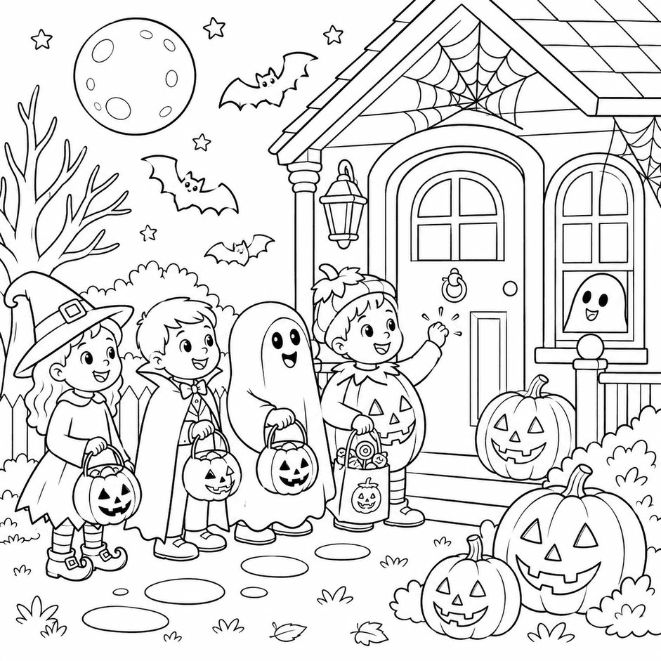 Kinder an Halloween Ausmalbild