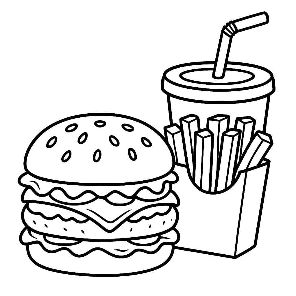 Hamburger, Pommes und Limonade Ausmalbild