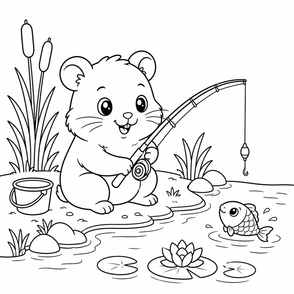 Hamster beim Angeln Ausmalbild