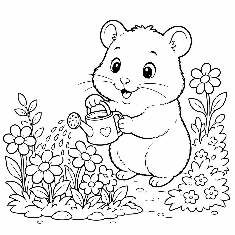 Hamster gießt Pflanzen Ausmalbild