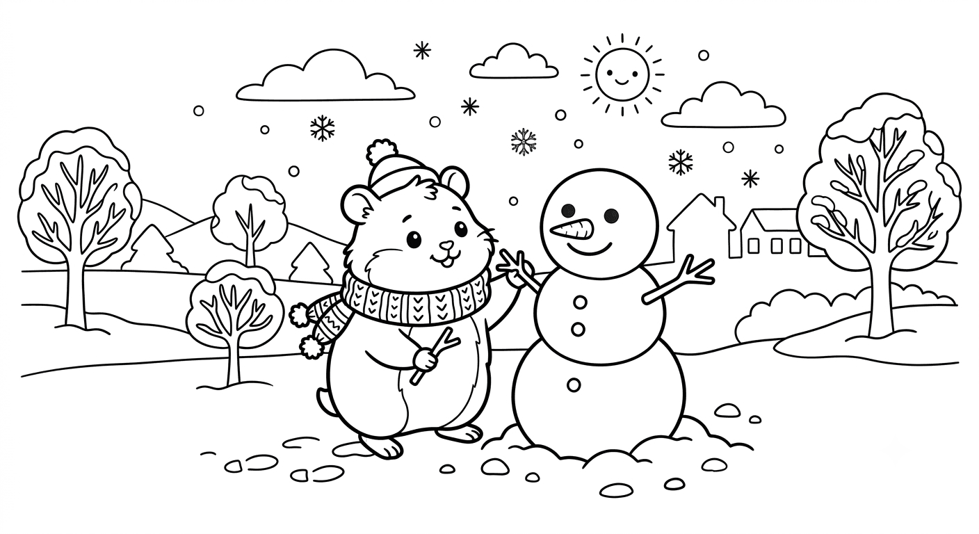 Hamster und Schneemann Ausmalbild