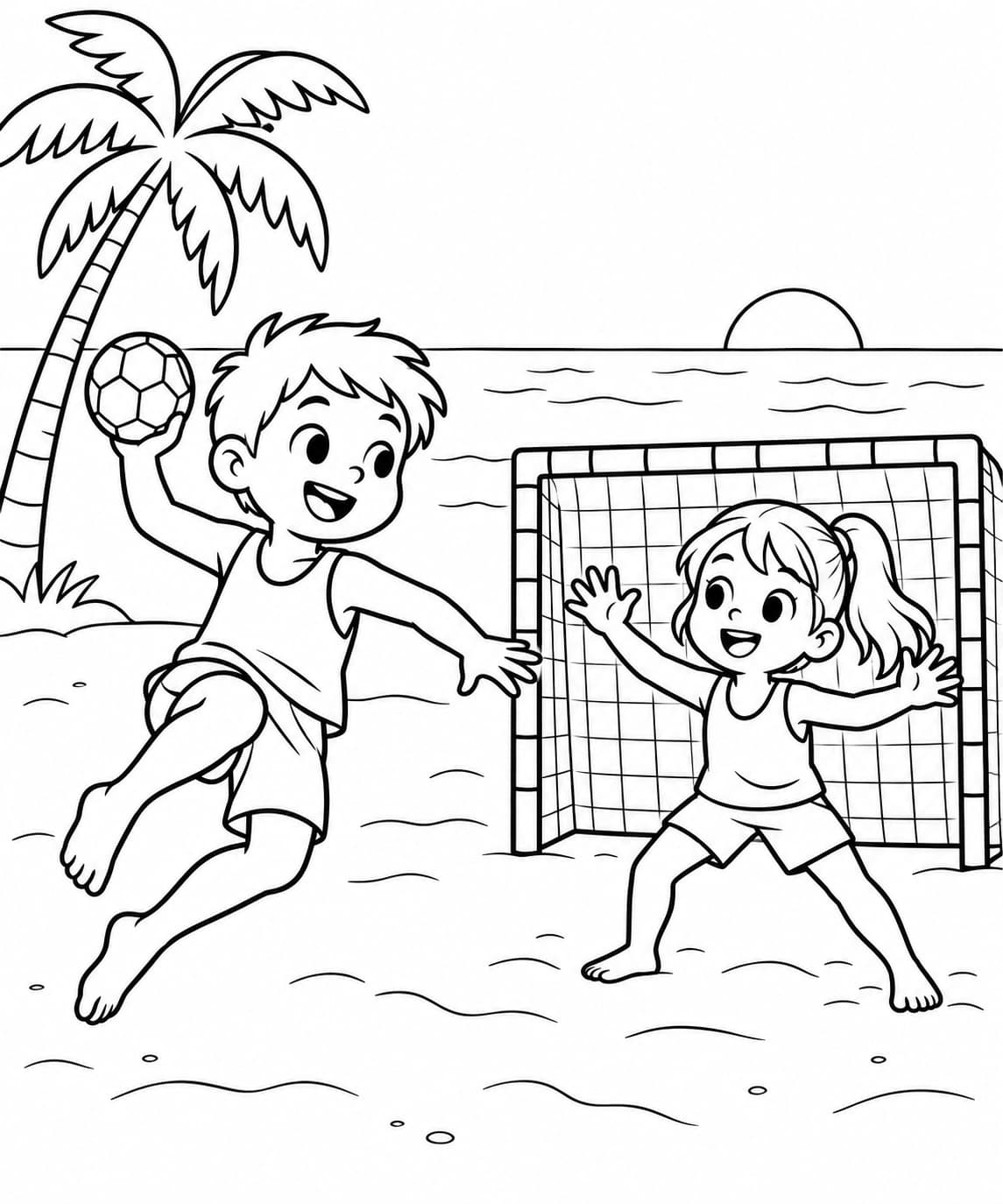 Beachhandball am Strand – kostenlose Malvorlage zum Ausdrucken