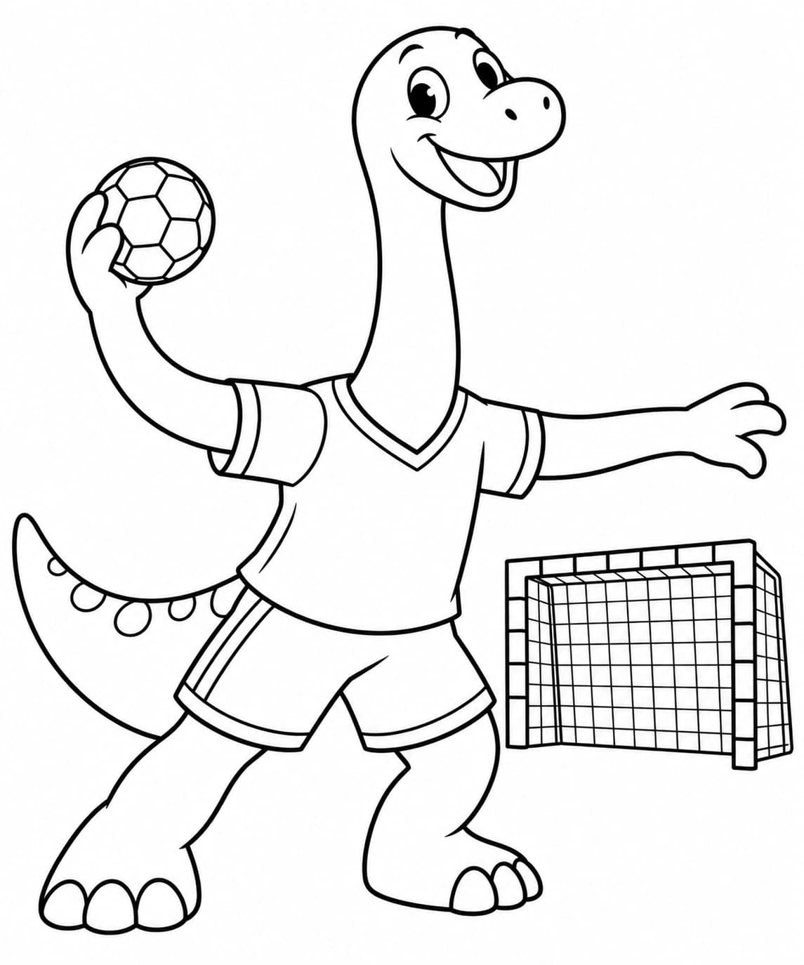 Dinosaurier mit Handball – kostenlose Malvorlage zum Ausdrucken