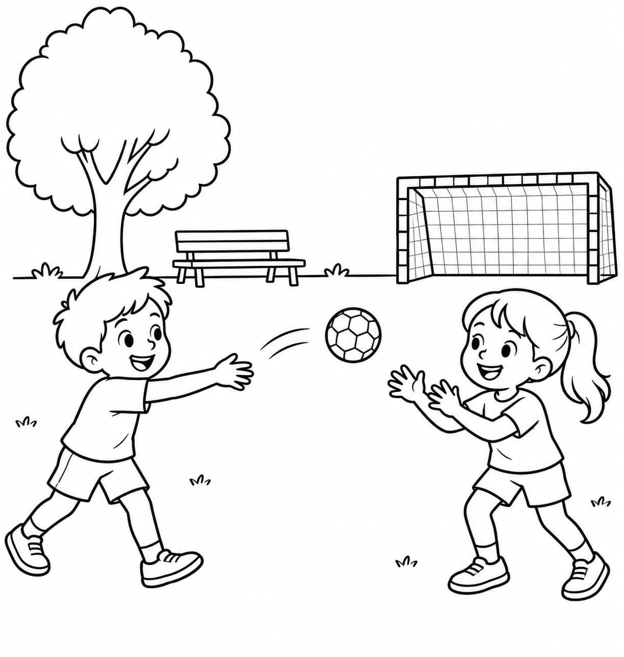 Handball im Schulgarten – kostenlose Malvorlage zum Ausdrucken