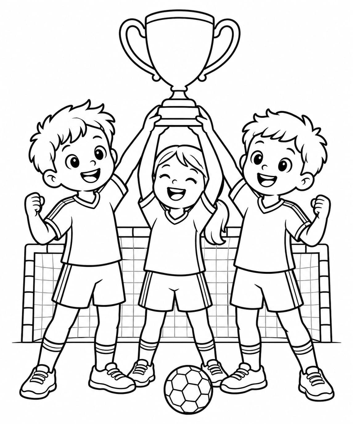 Handballmannschaft mit Pokal – kostenlose Malvorlage zum Ausdrucken