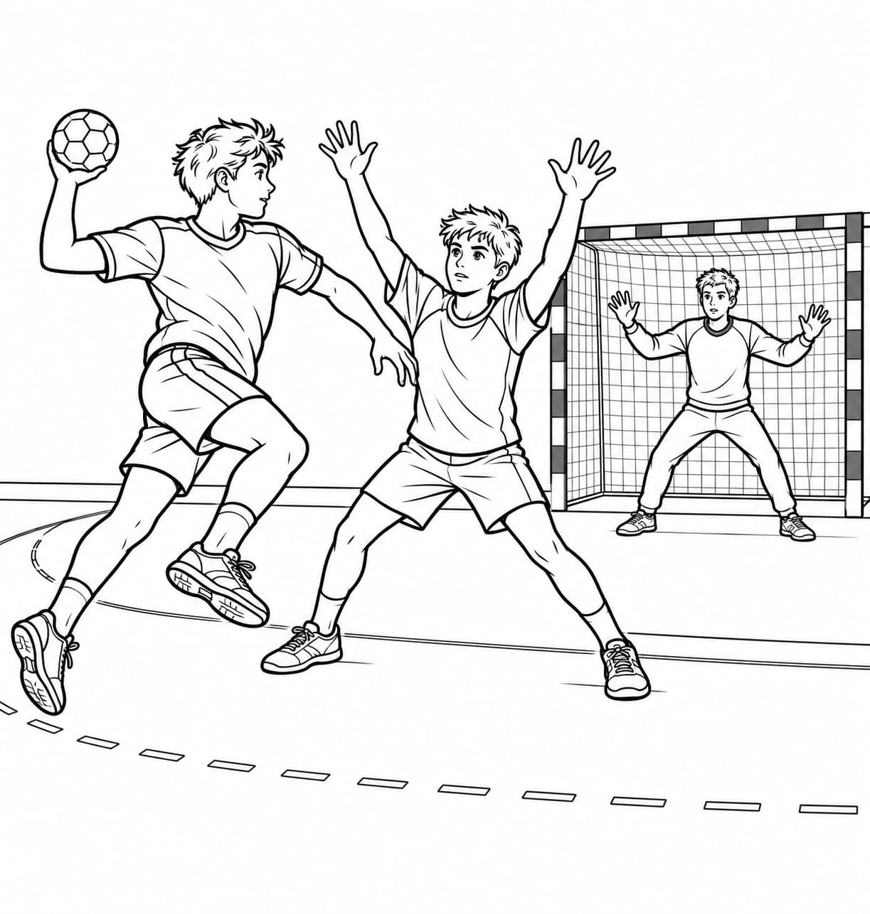 Handballspiel in der Sporthalle – kostenlose Malvorlage zum Ausdrucken