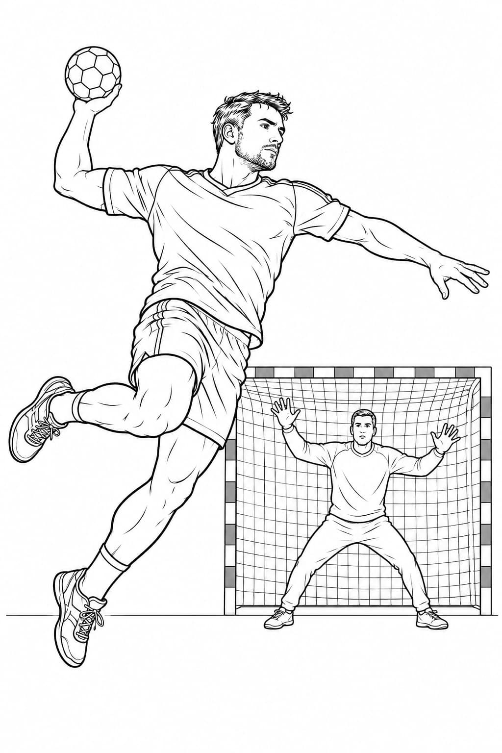 Handballspieler beim Sprungwurf – realistisch – kostenlose Malvorlage zum Ausdrucken