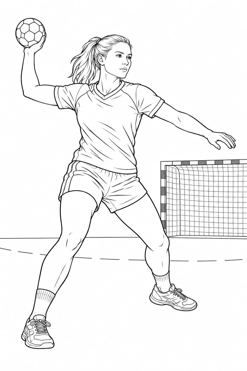 Handballspielerin beim Siebenmeter – realistisch – kostenlose Malvorlage zum Ausdrucken