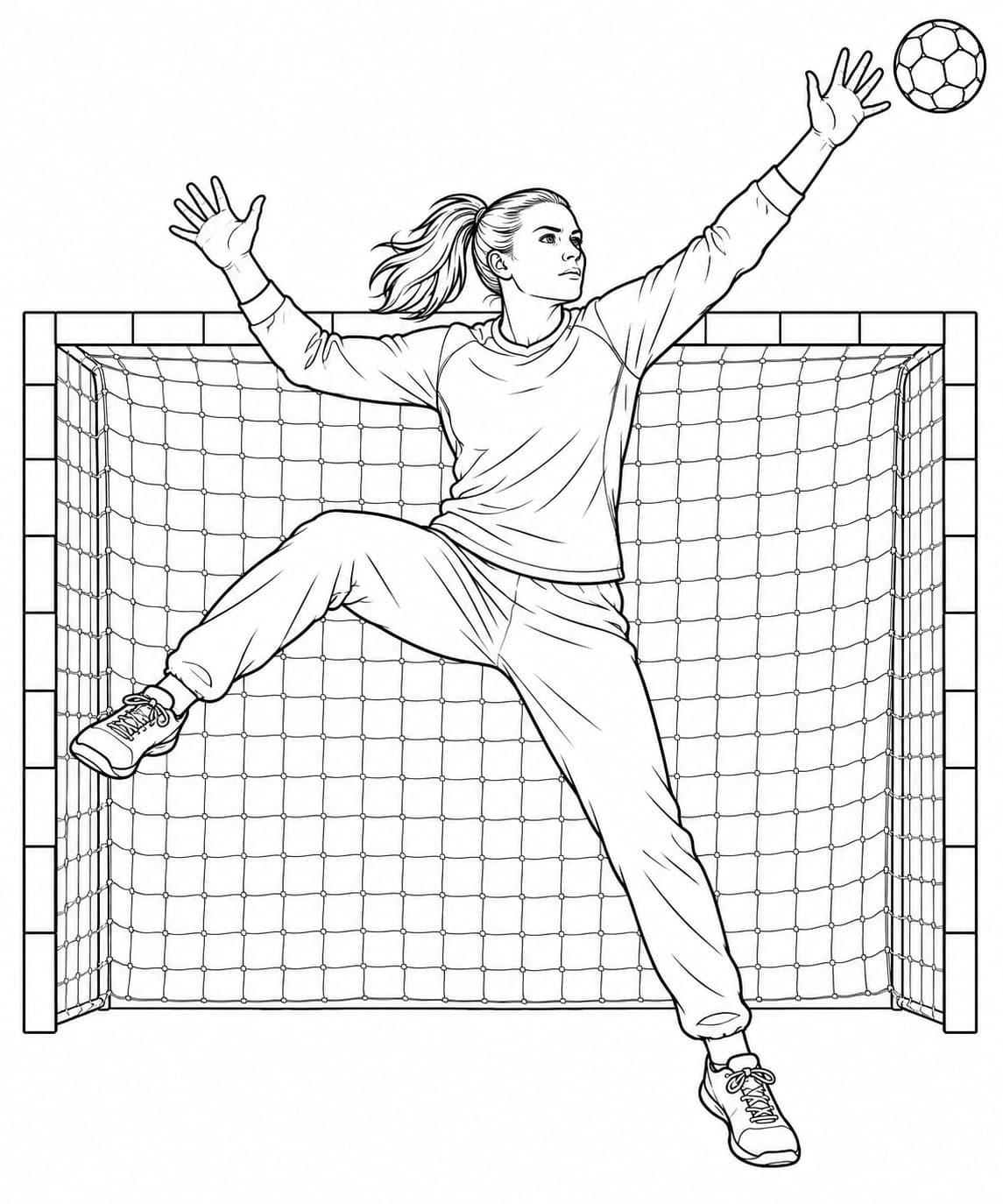 Handballtorhüterin – realistisch – kostenlose Malvorlage zum Ausdrucken