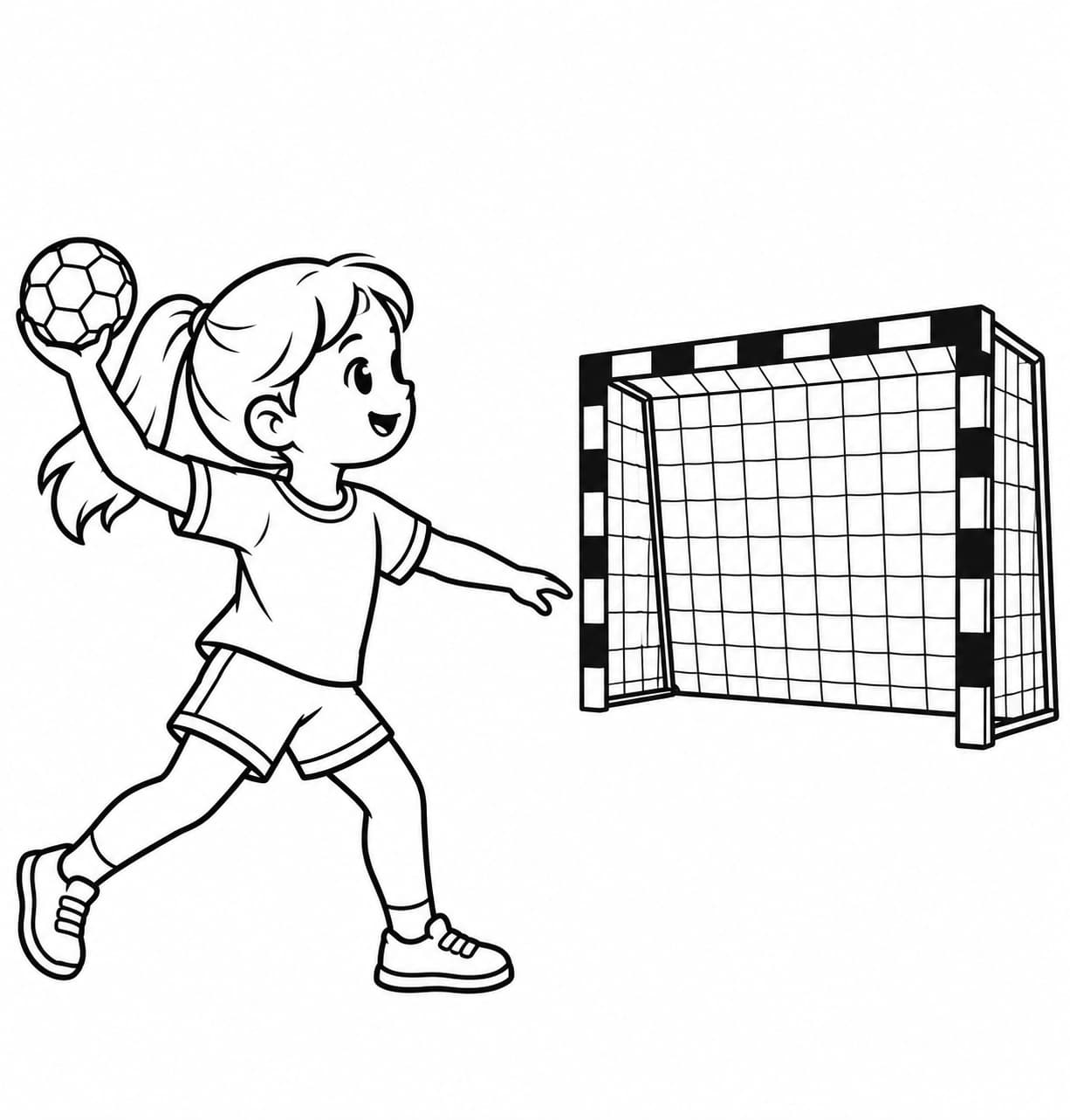 Mädchen wirft aufs Handballtor – kostenlose Malvorlage zum Ausdrucken