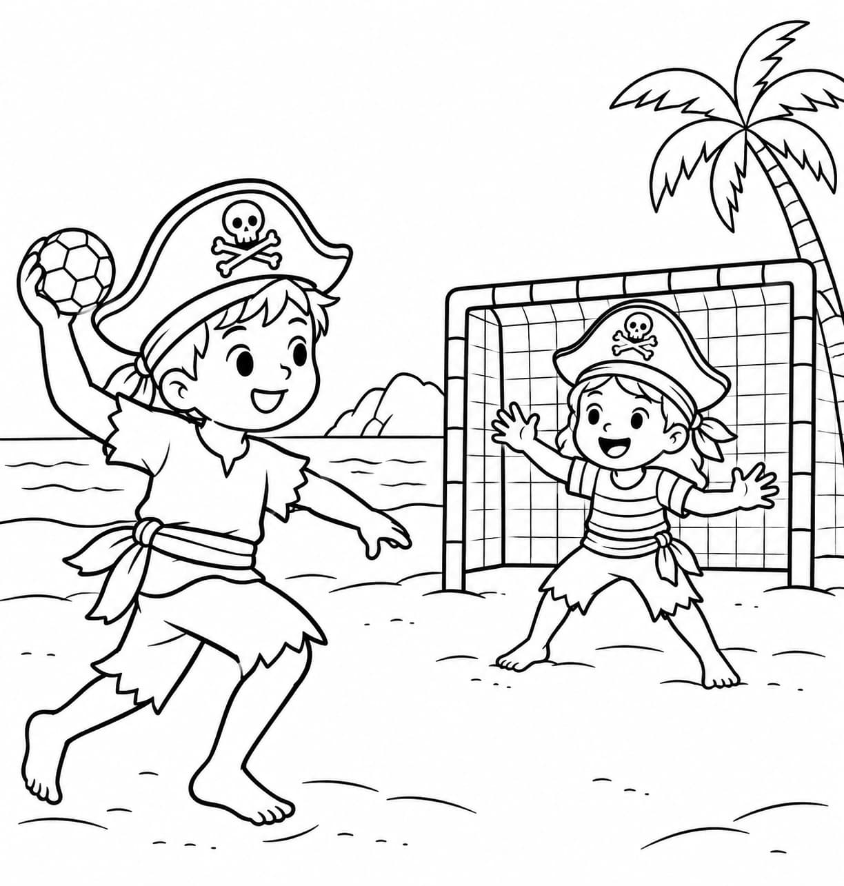 Piraten beim Handball – kostenlose Malvorlage zum Ausdrucken