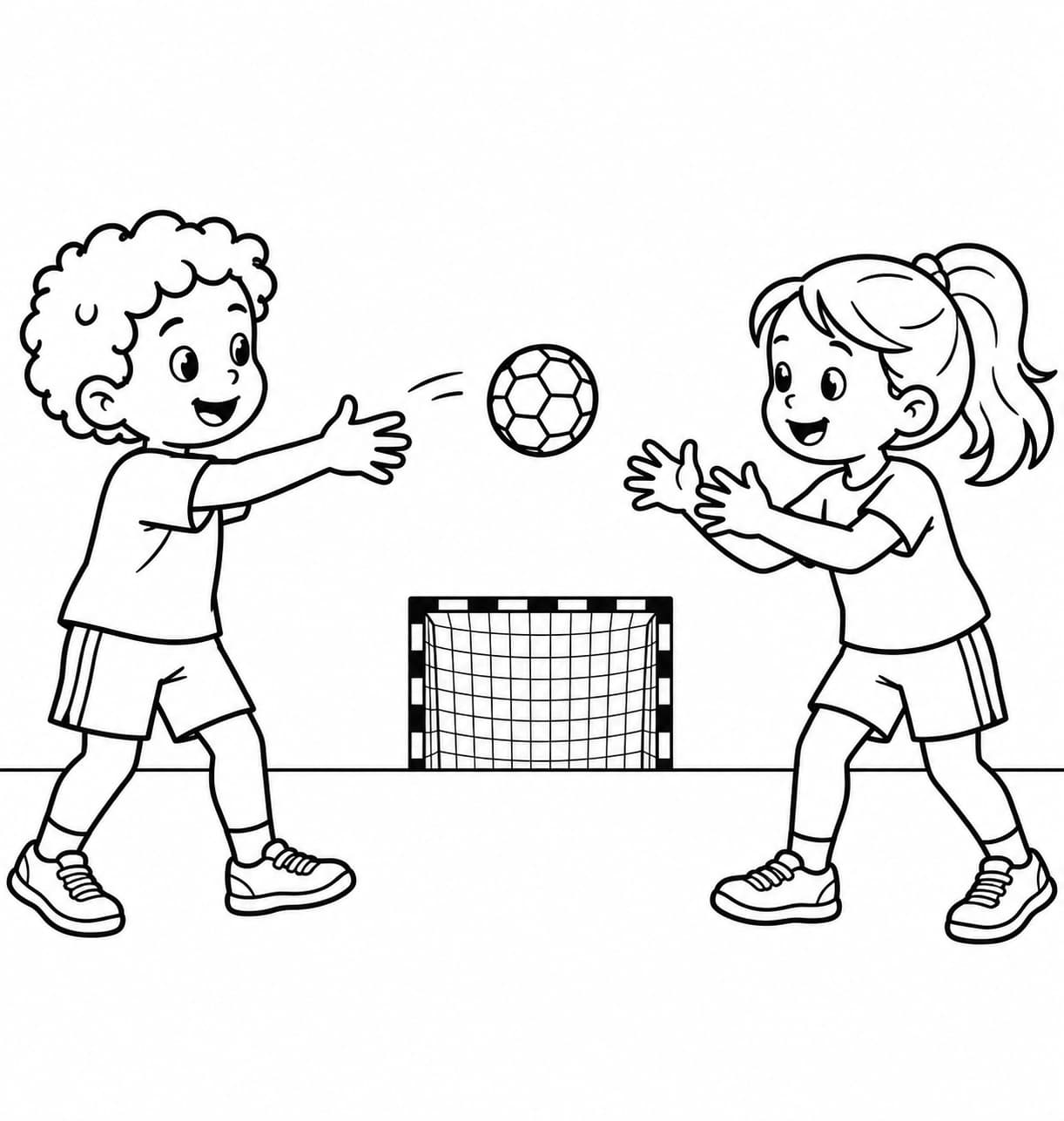 Zwei Kinder beim Handballpass – kostenlose Malvorlage zum Ausdrucken