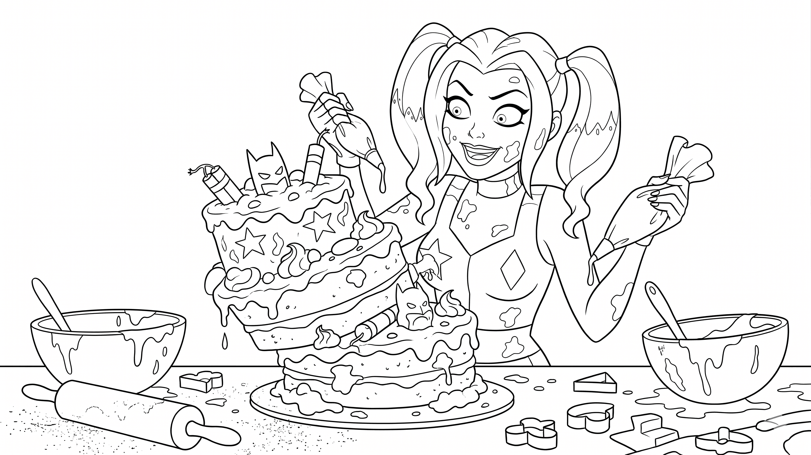 Harley Quinn backt Kuchen Ausmalbild